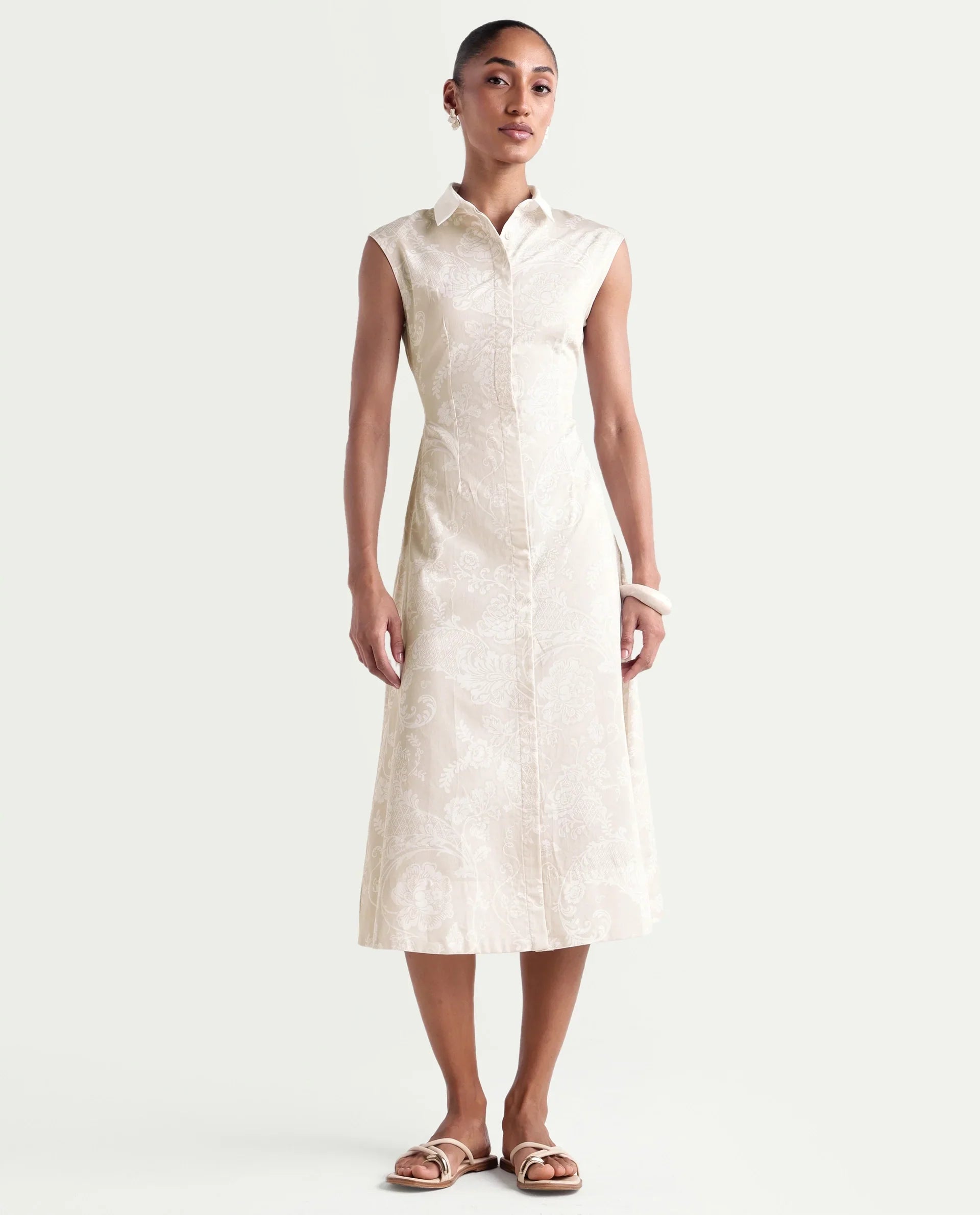 Rareism Women's Kasimo Beige Cotton Spread Collar Button Regular Ornamental Print Dress