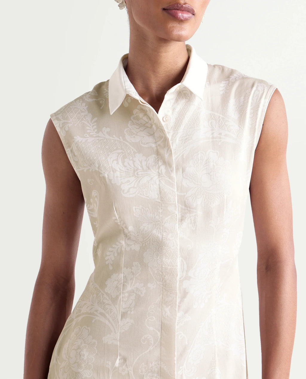 Rareism Women's Kasimo Beige Cotton Spread Collar Button Regular Ornamental Print Dress