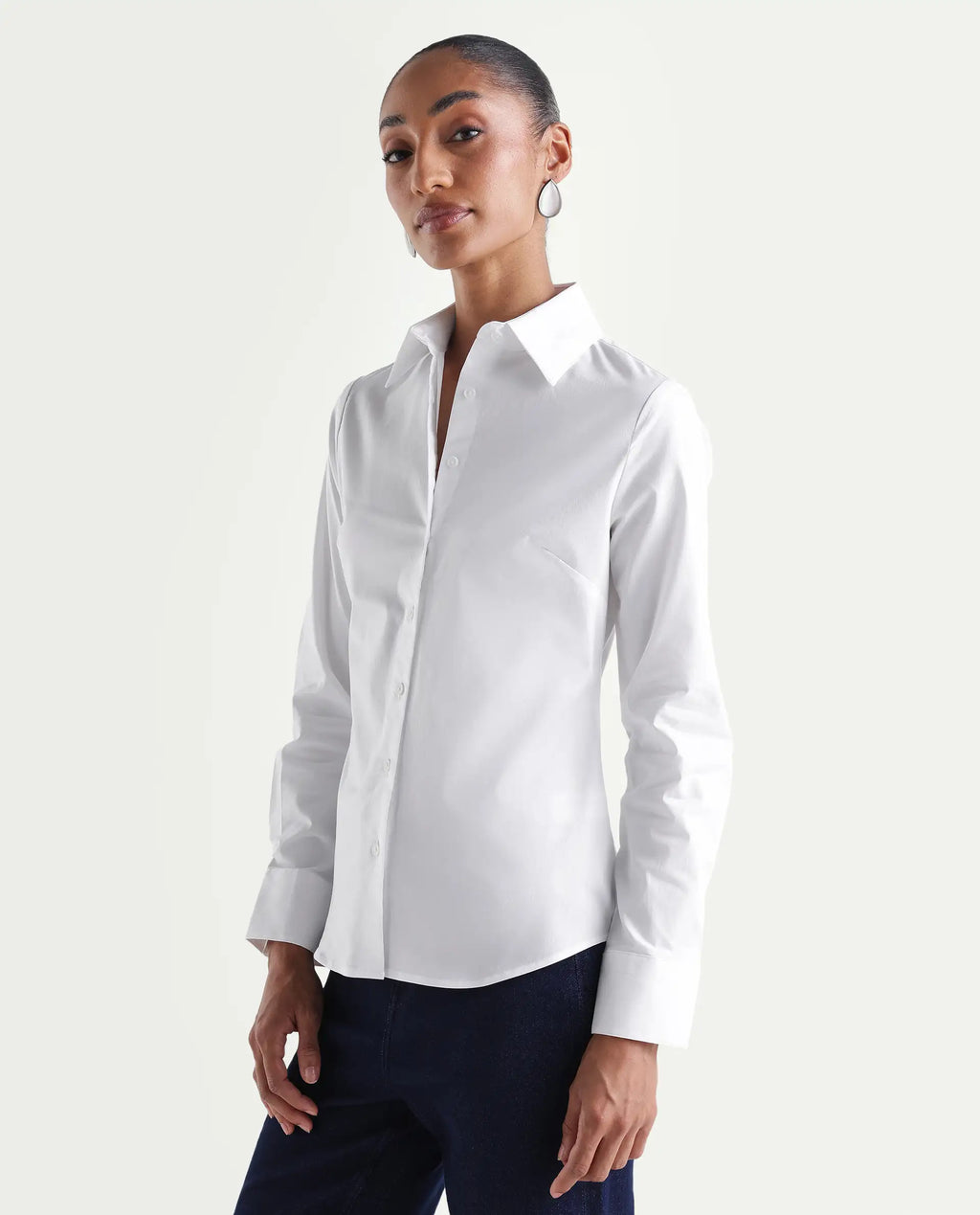 Rareism Women's Maven White Cotton Blend Spread Collar Fitted Plain Shirt