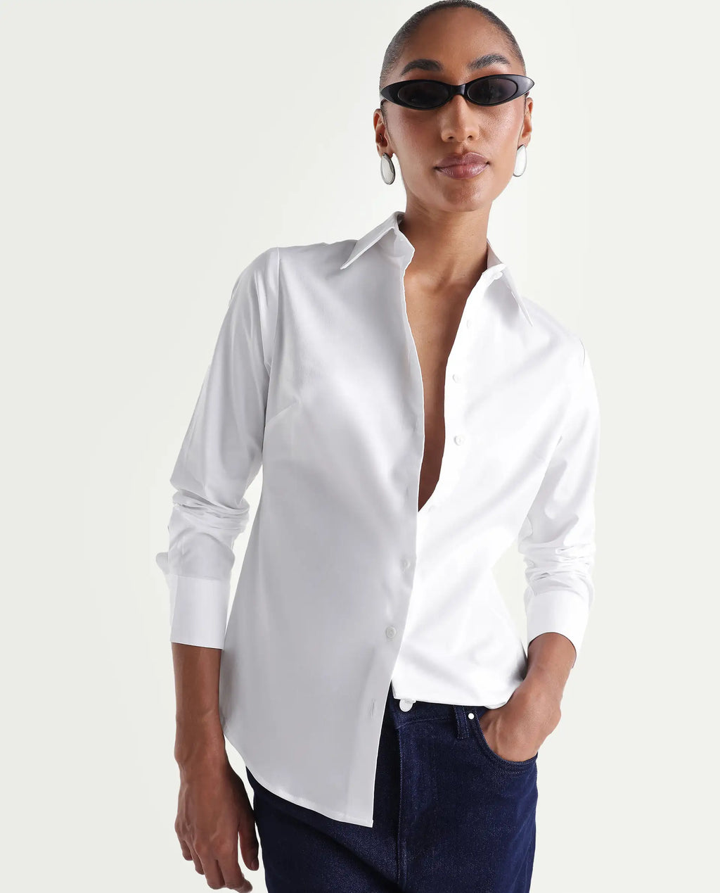 Rareism Women's Maven White Cotton Blend Spread Collar Fitted Plain Shirt