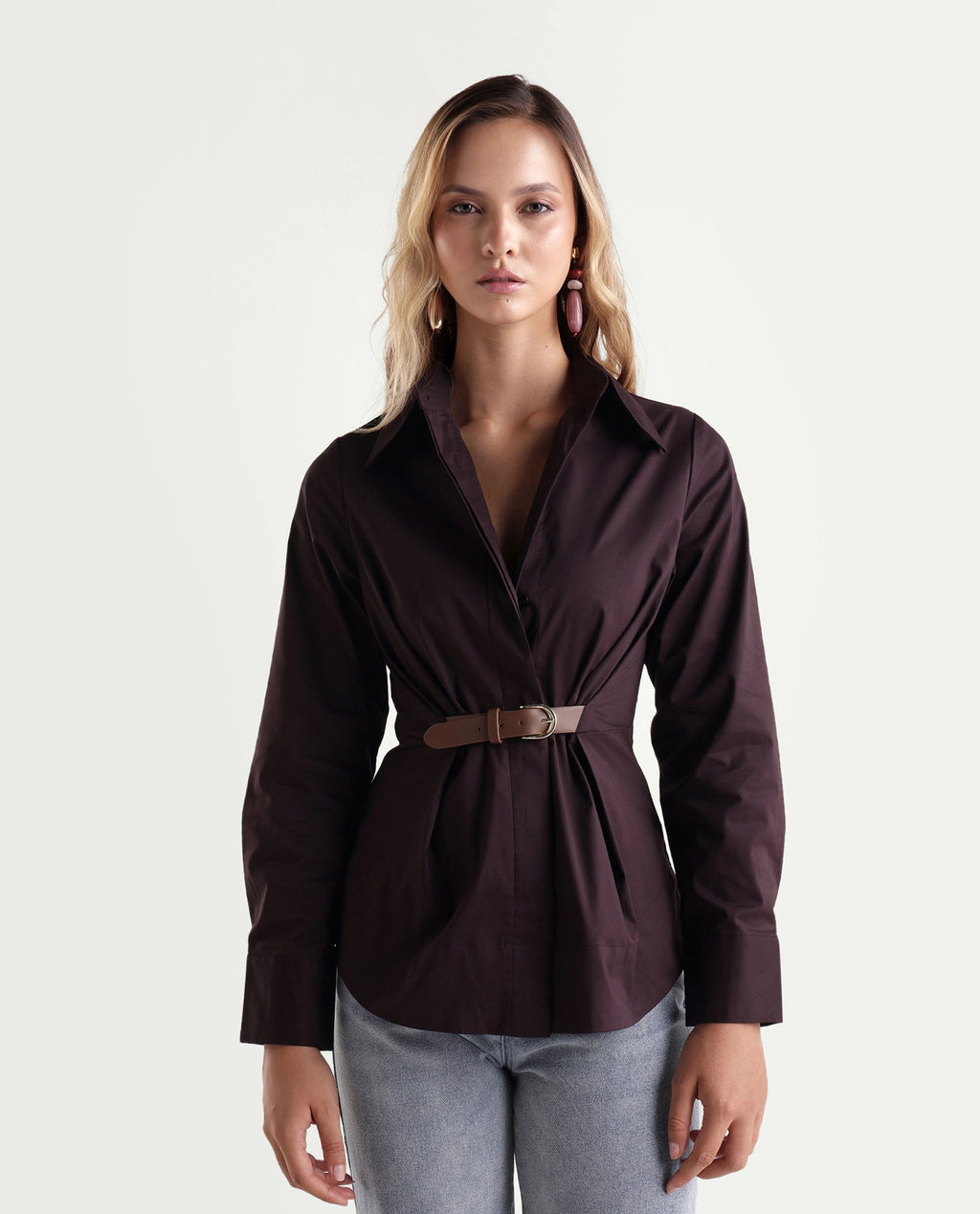 Rareism Women's Onio Brown Plain Cotton Blend Regular Long Sleeve Shirt