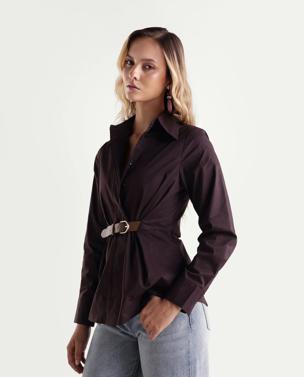 Rareism Women's Onio Brown Plain Cotton Blend Regular Long Sleeve Shirt
