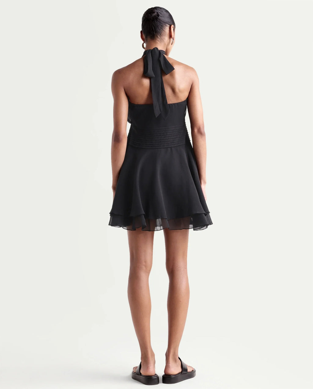 Rareism Women's Peti Black Polyester Halter Neck Button And Zip Fit And Flare Plain Dress