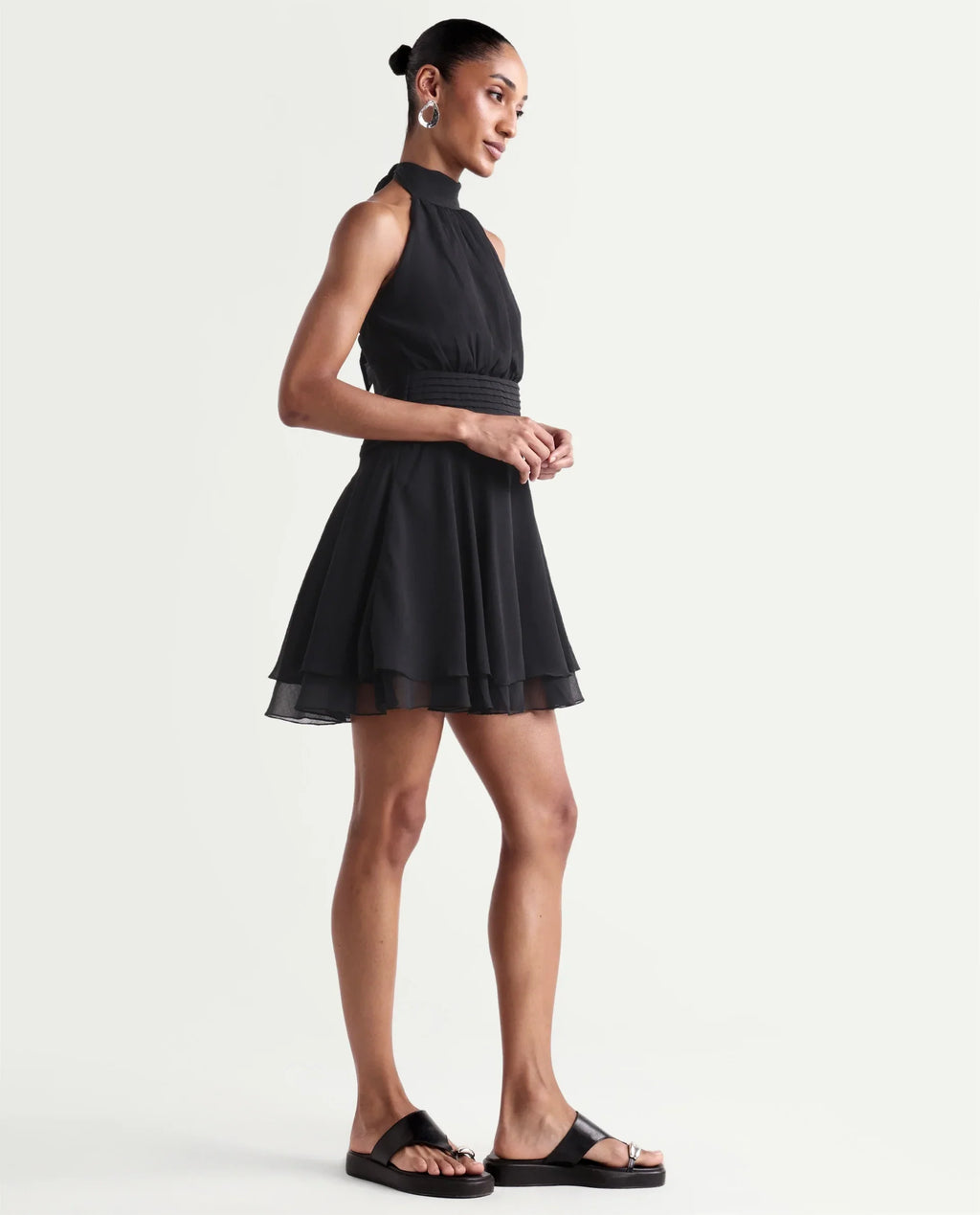 Rareism Women's Peti Black Polyester Halter Neck Button And Zip Fit And Flare Plain Dress