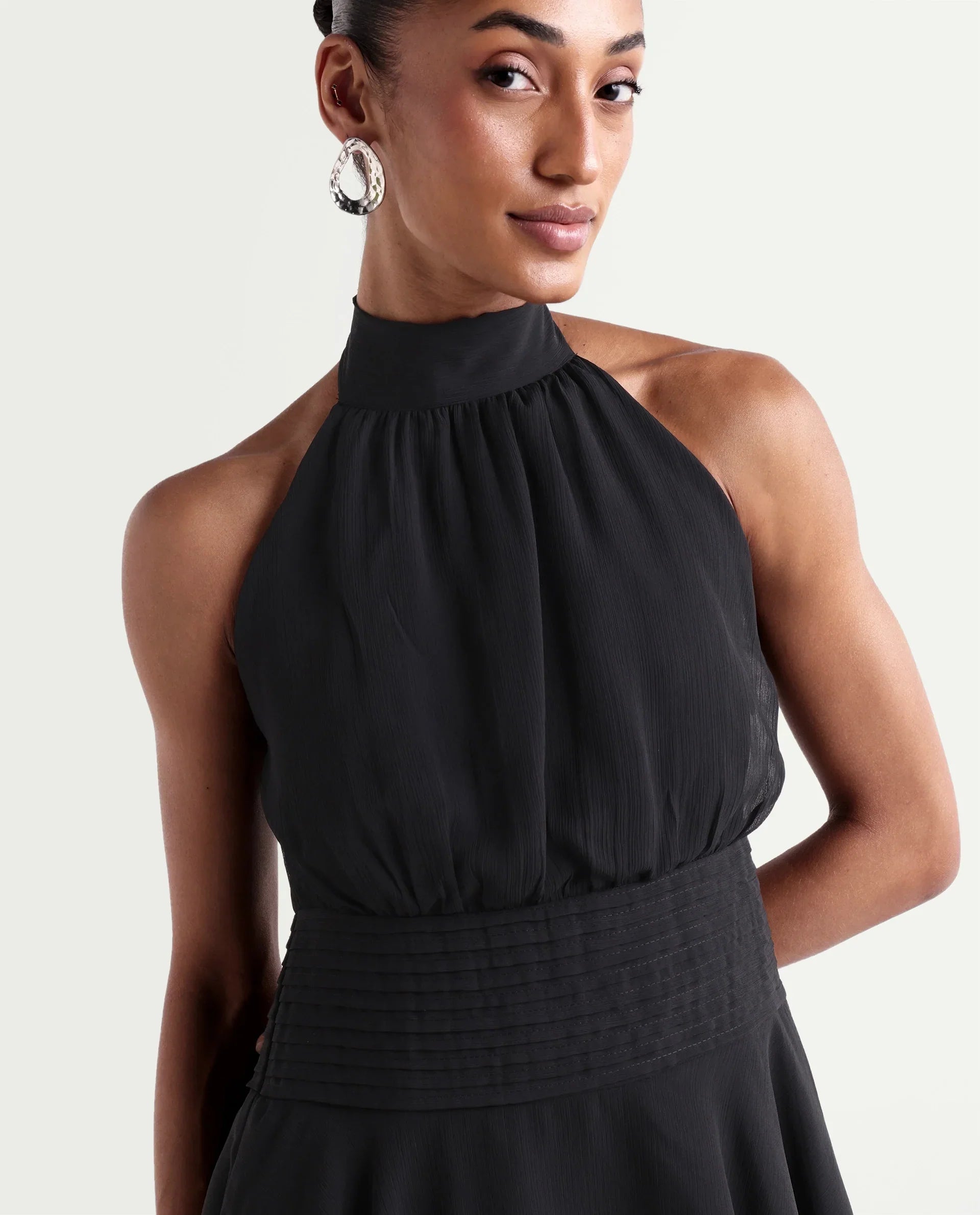 Rareism Women's Peti Black Polyester Halter Neck Button And Zip Fit And Flare Plain Dress