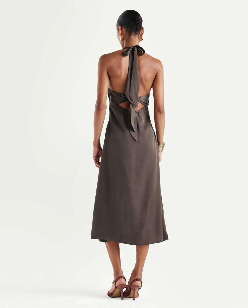 Rareism Women's Petin Brown Polyester V-Neck Elastic Fit And Flare Plain Dress