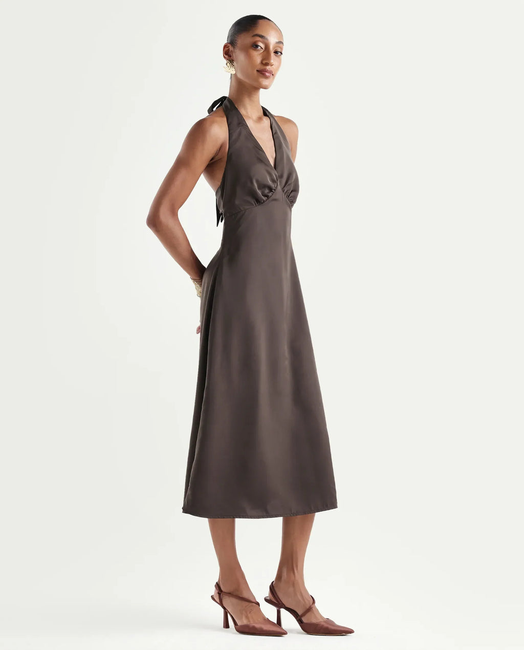 Rareism Women's Petin Brown Polyester V-Neck Elastic Fit And Flare Plain Dress
