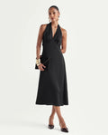 Rareism Women's Petin Black Polyester V-Neck Elastic Fit And Flare Plain Dress