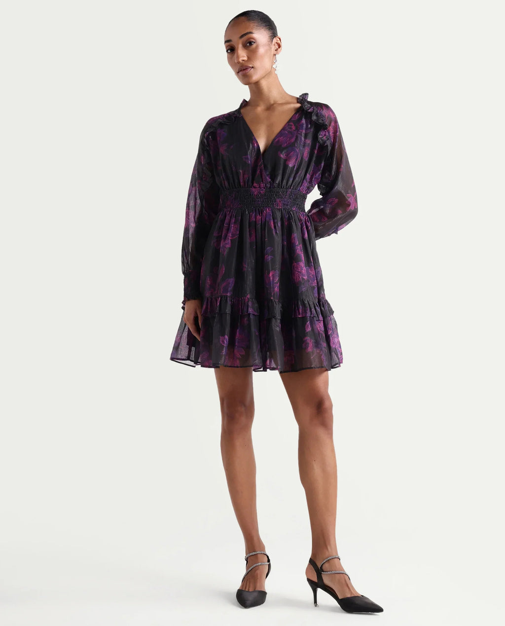 Rareism Women's Peton Black Polyester V-Neck Fit And Flare Floral Print Dress