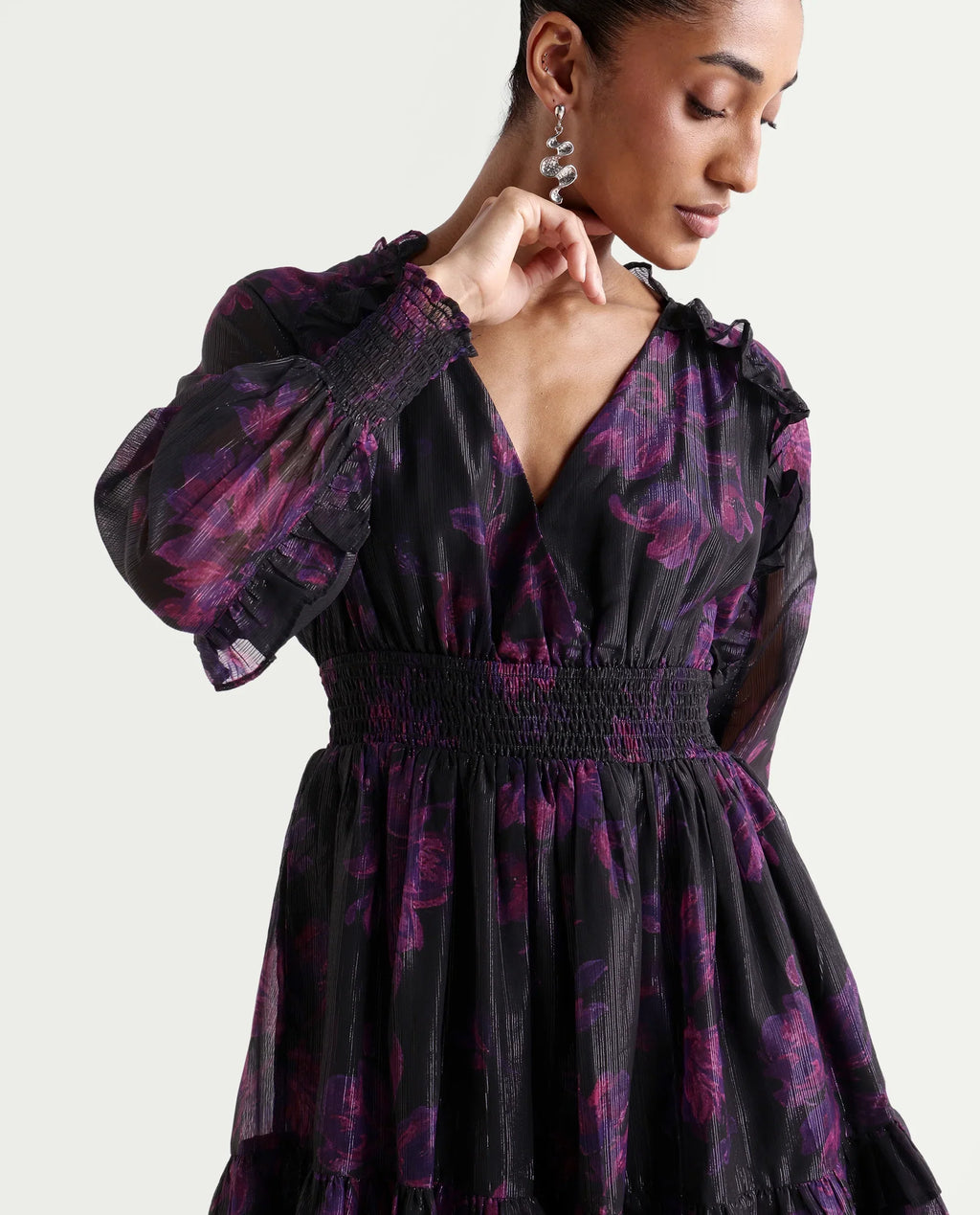 Rareism Women's Peton Black Polyester V-Neck Fit And Flare Floral Print Dress