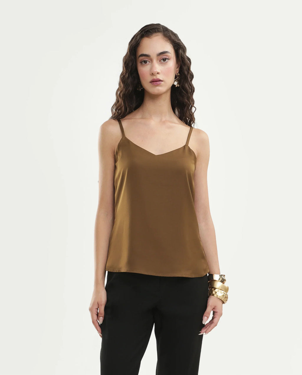 Rareism Women's Petsly Dark Gold Plain Polyester Cami Sleeveless Top