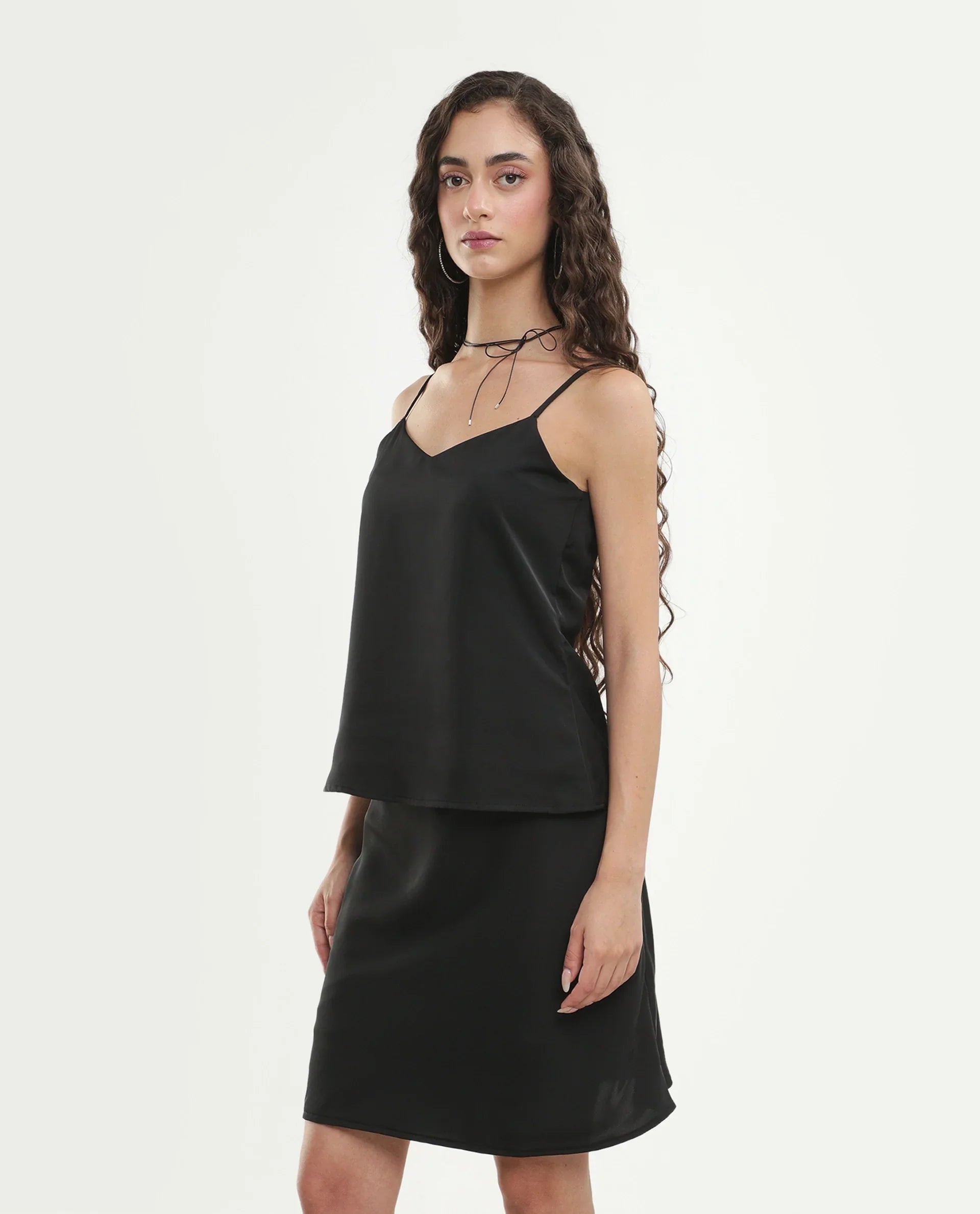 Rareism Women's Petsly Black Plain Polyester Cami Sleeveless Top