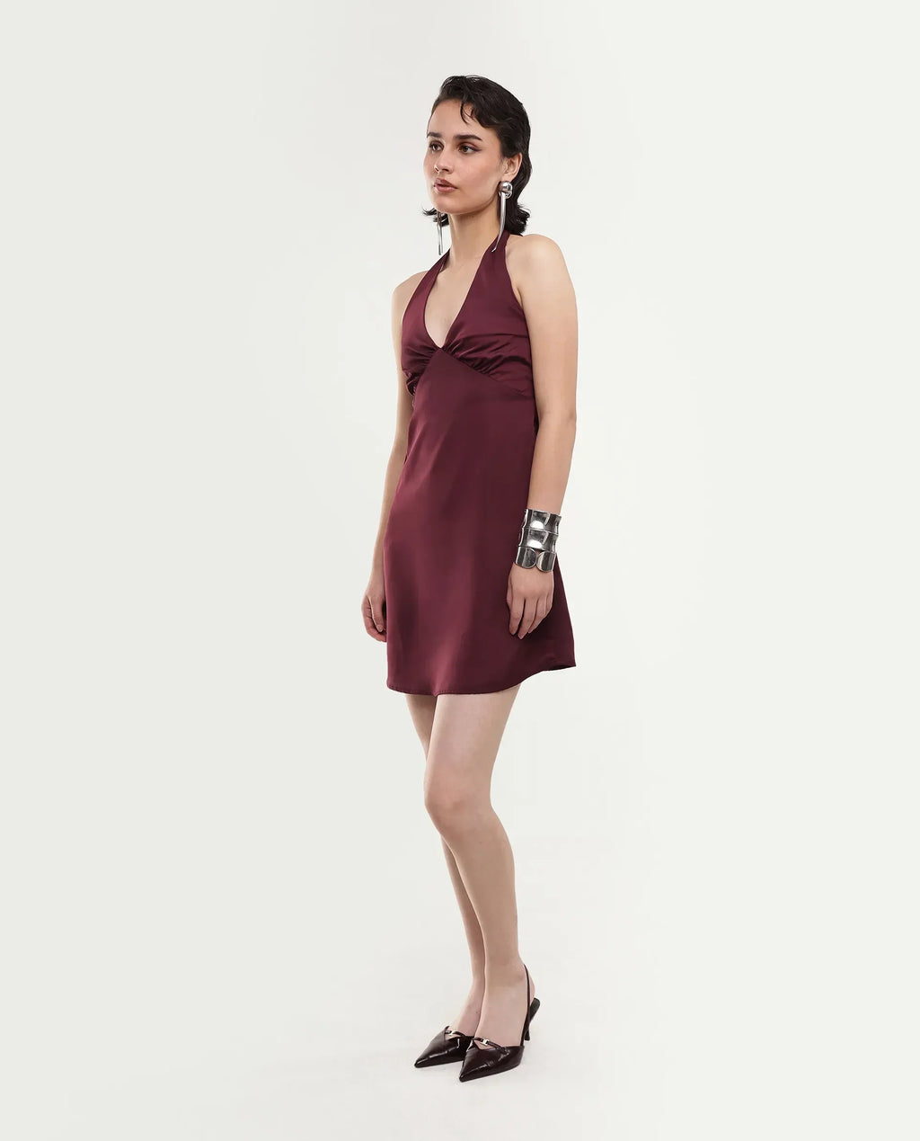 Rareism Women's Petun Dark Maroon Polyester Halter Neck Elastic Fitted Plain Dress