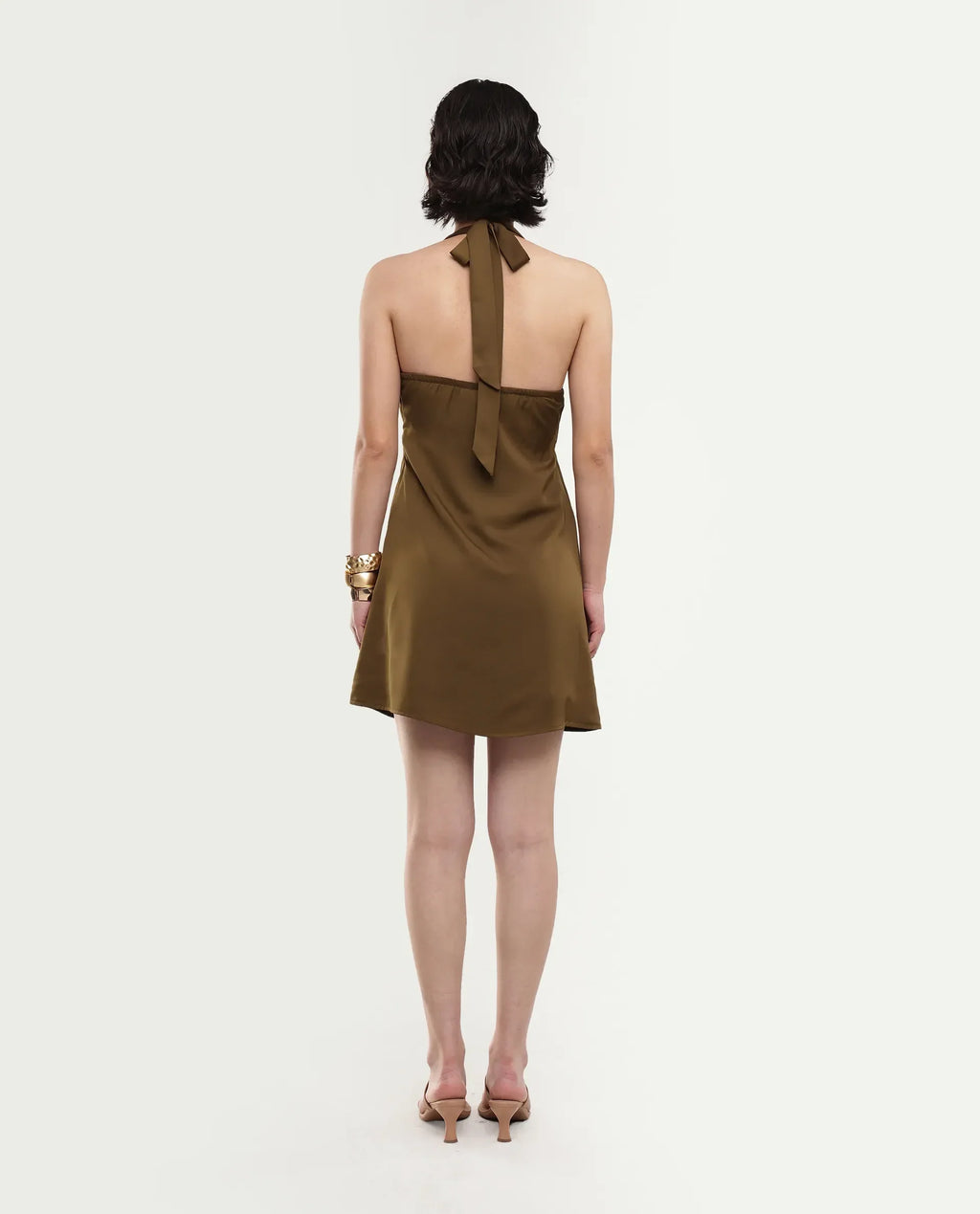 Rareism Women's Petun Dark Gold Polyester Halter Neck Elastic Fitted Plain Dress