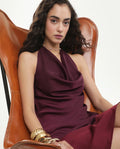 Rareism Women's Petzy Dark Maroon Polyester Cowl Neck Tie-Up Regular Plain Top