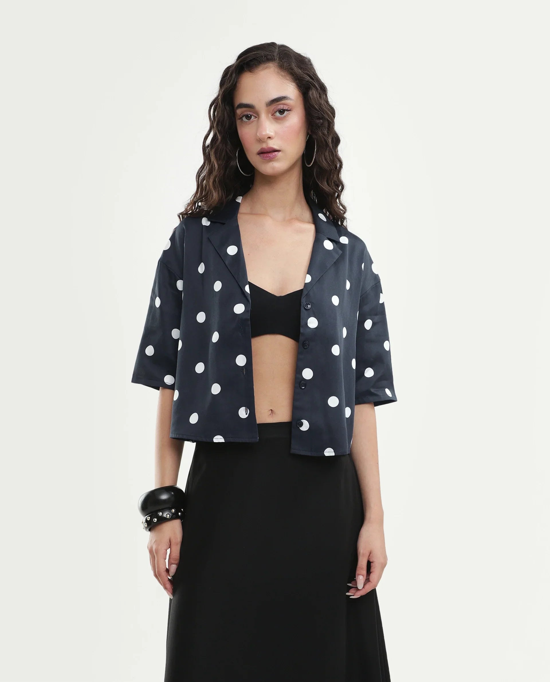 Rareism Women's Polbo Black Cotton Blend Lapel Neck Button Regular Polka Print Top