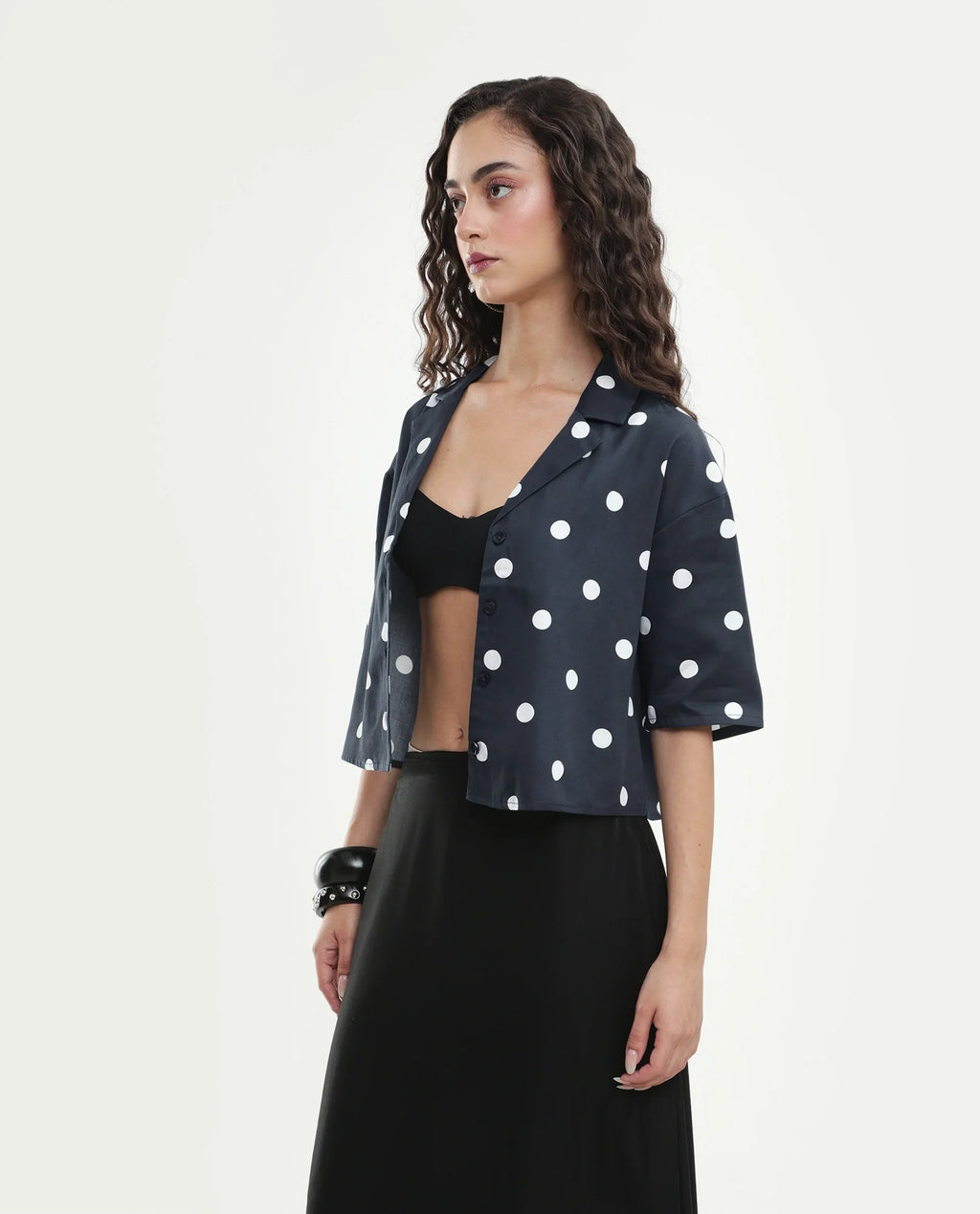 Rareism Women's Polbo Black Cotton Blend Lapel Neck Button Regular Polka Print Top