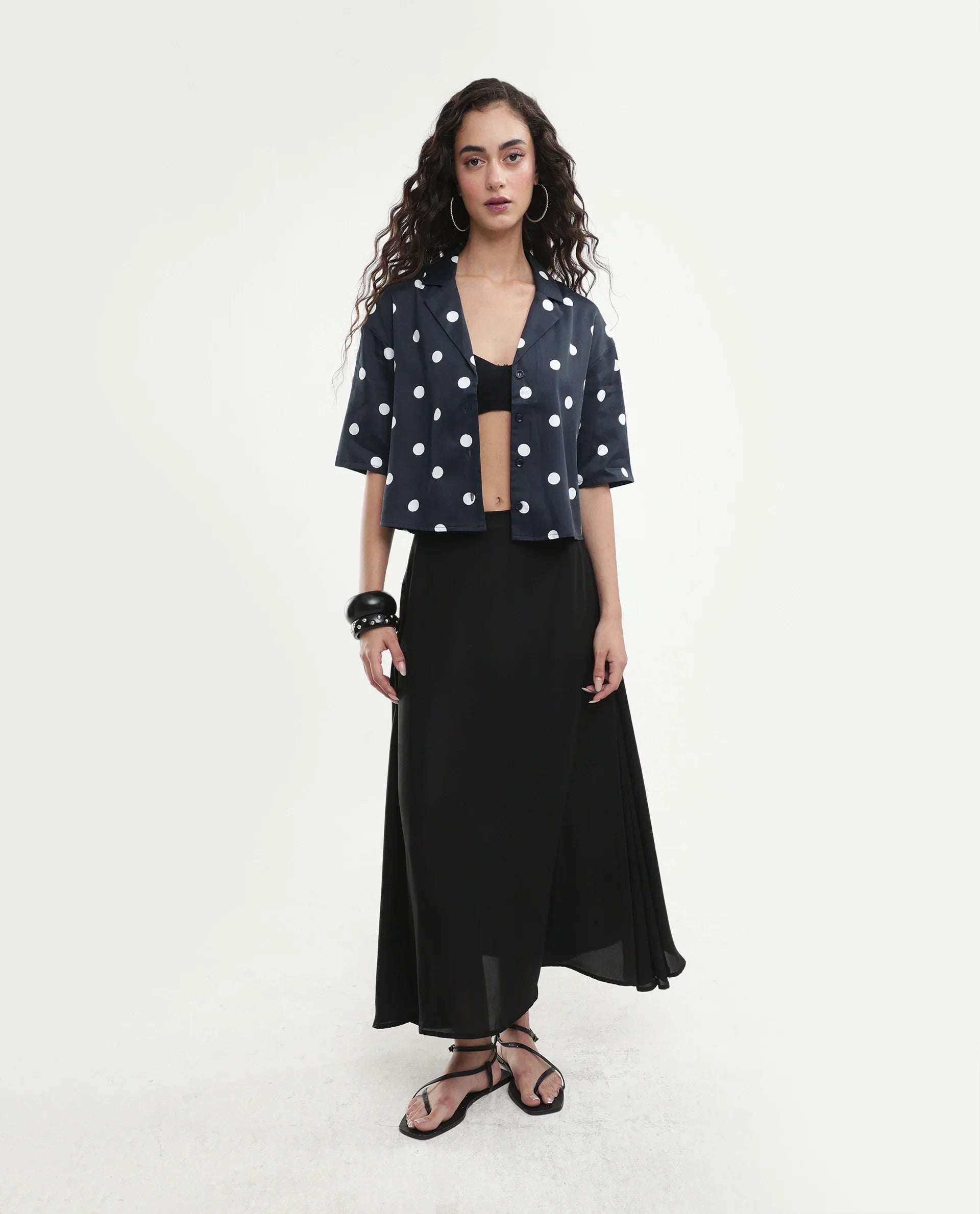 Rareism Women's Polbo Black Cotton Blend Lapel Neck Button Regular Polka Print Top