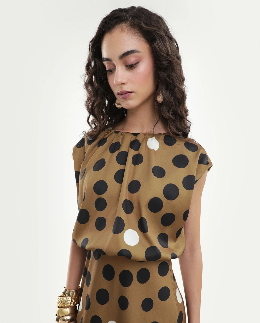 Rareism Women's Polta Beige Polyester Crew Neck Button And Zip Fit And Flare Polka Print Dress