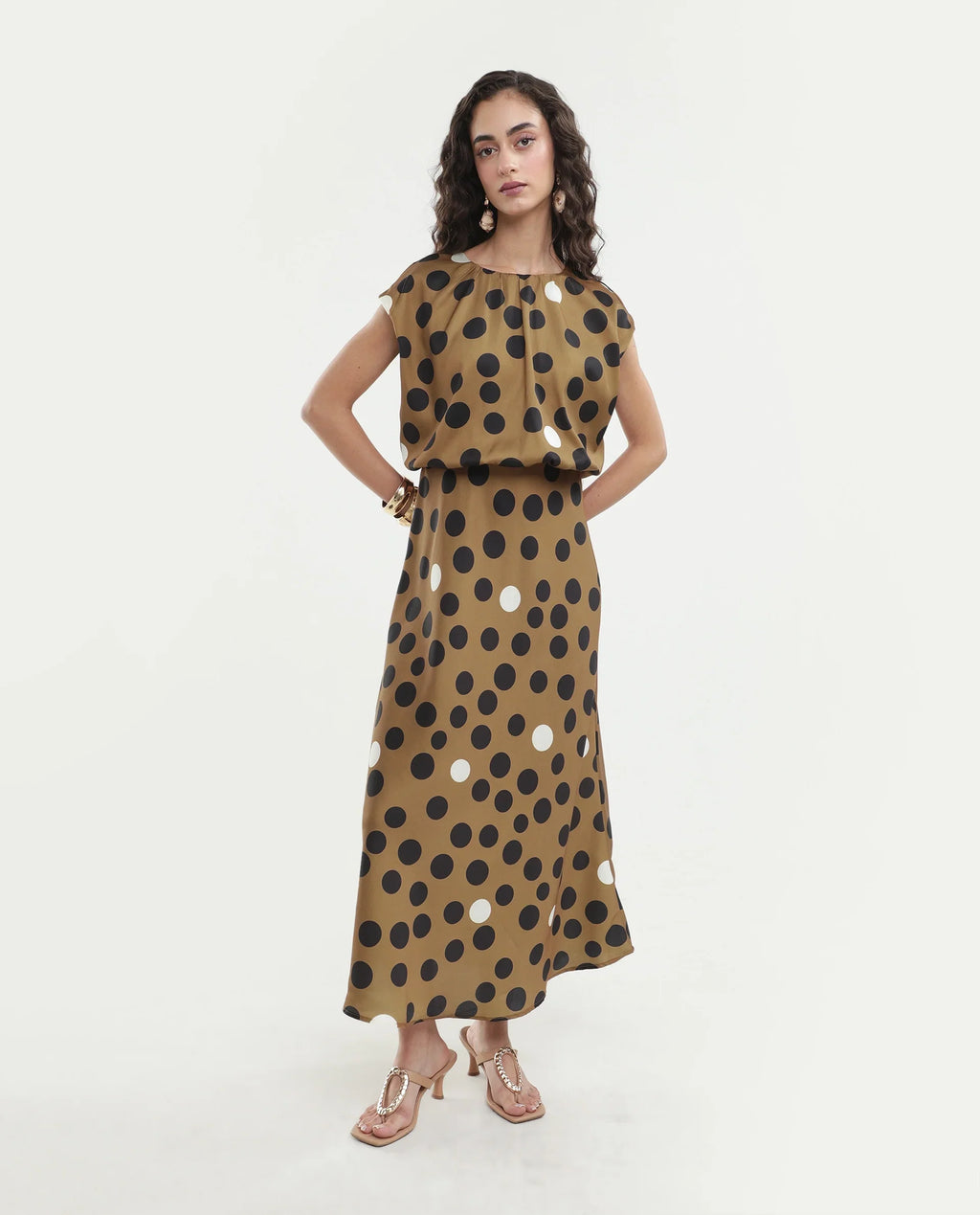 Rareism Women's Polta Beige Polyester Crew Neck Button And Zip Fit And Flare Polka Print Dress