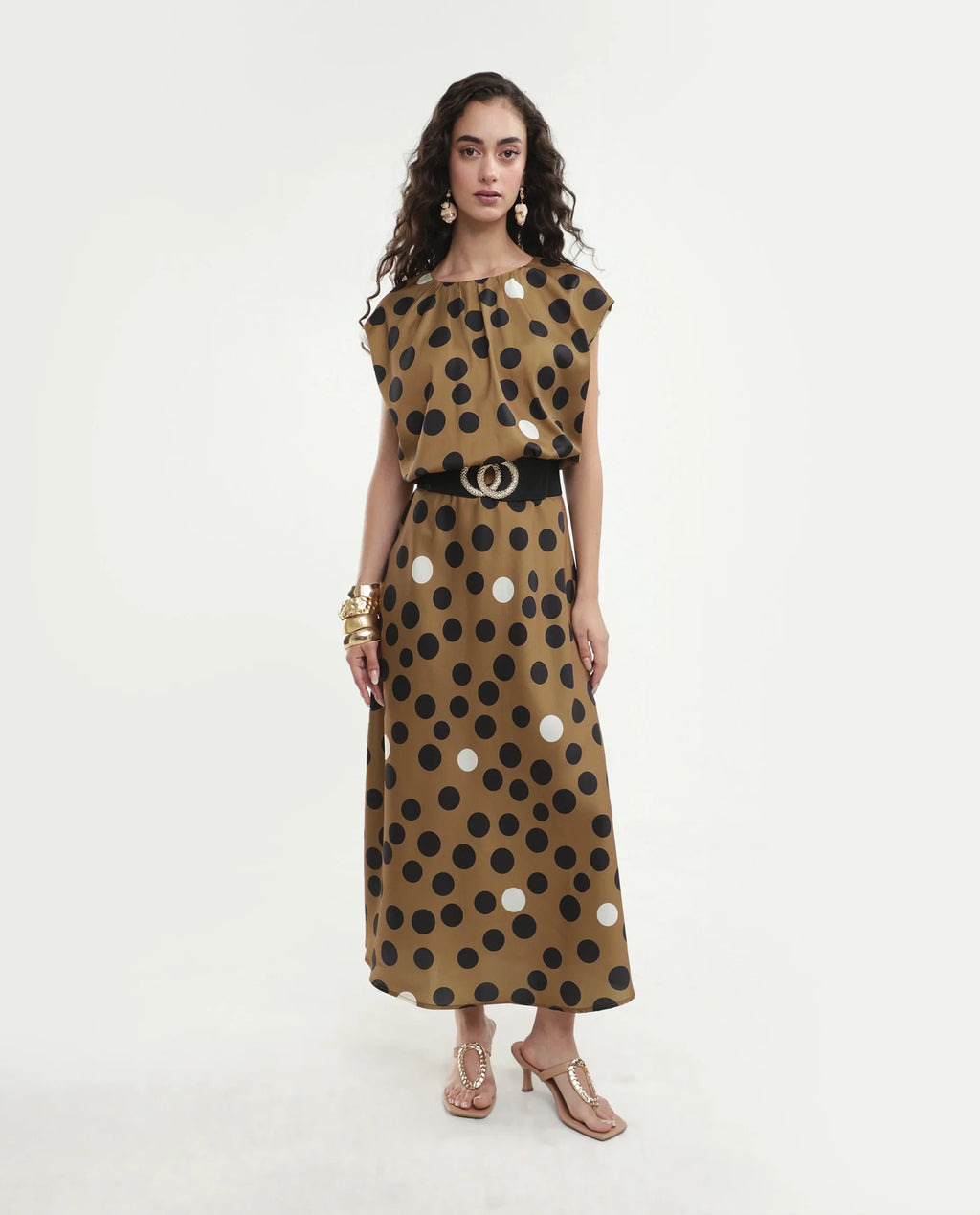 Rareism Women's Polta Beige Polyester Crew Neck Button And Zip Fit And Flare Polka Print Dress
