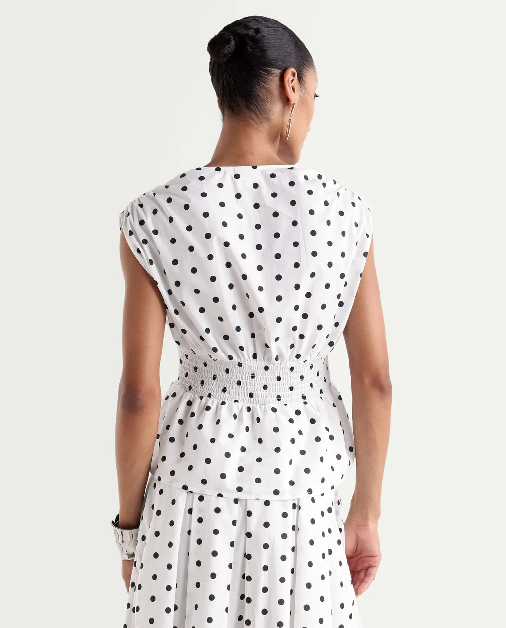 Rareism Women's Polto-T Off White Cotton V-Neck Elastic Fit And Flare Polka Print Top