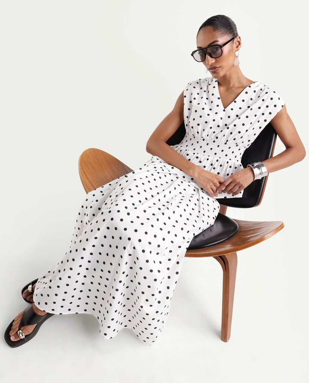 Rareism Women's Polto-T Off White Cotton V-Neck Elastic Fit And Flare Polka Print Top
