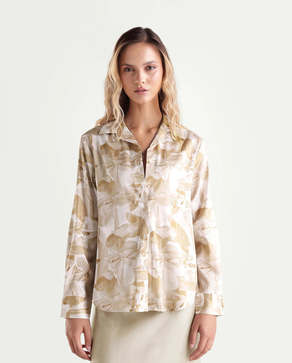 Rareism Women's Satino Beige Abstract Satin Regular Long Sleeve Shirt