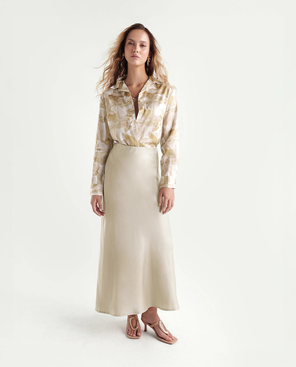 Rareism Women's Satino Beige Abstract Satin Regular Long Sleeve Shirt