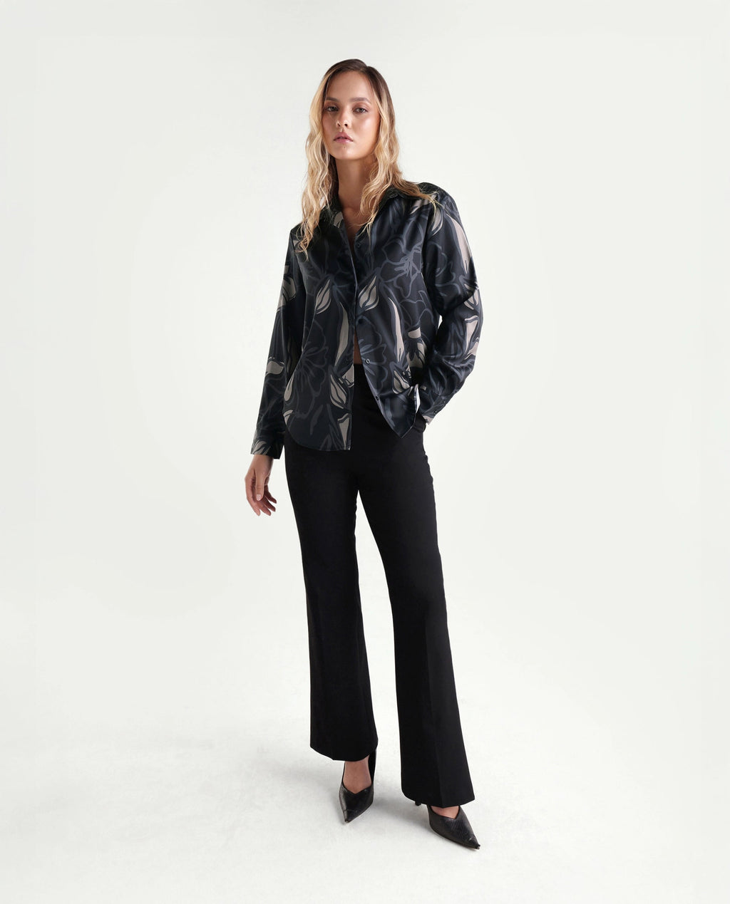 Rareism Women's Satino Black Abstract Satin Regular Long Sleeve Shirt