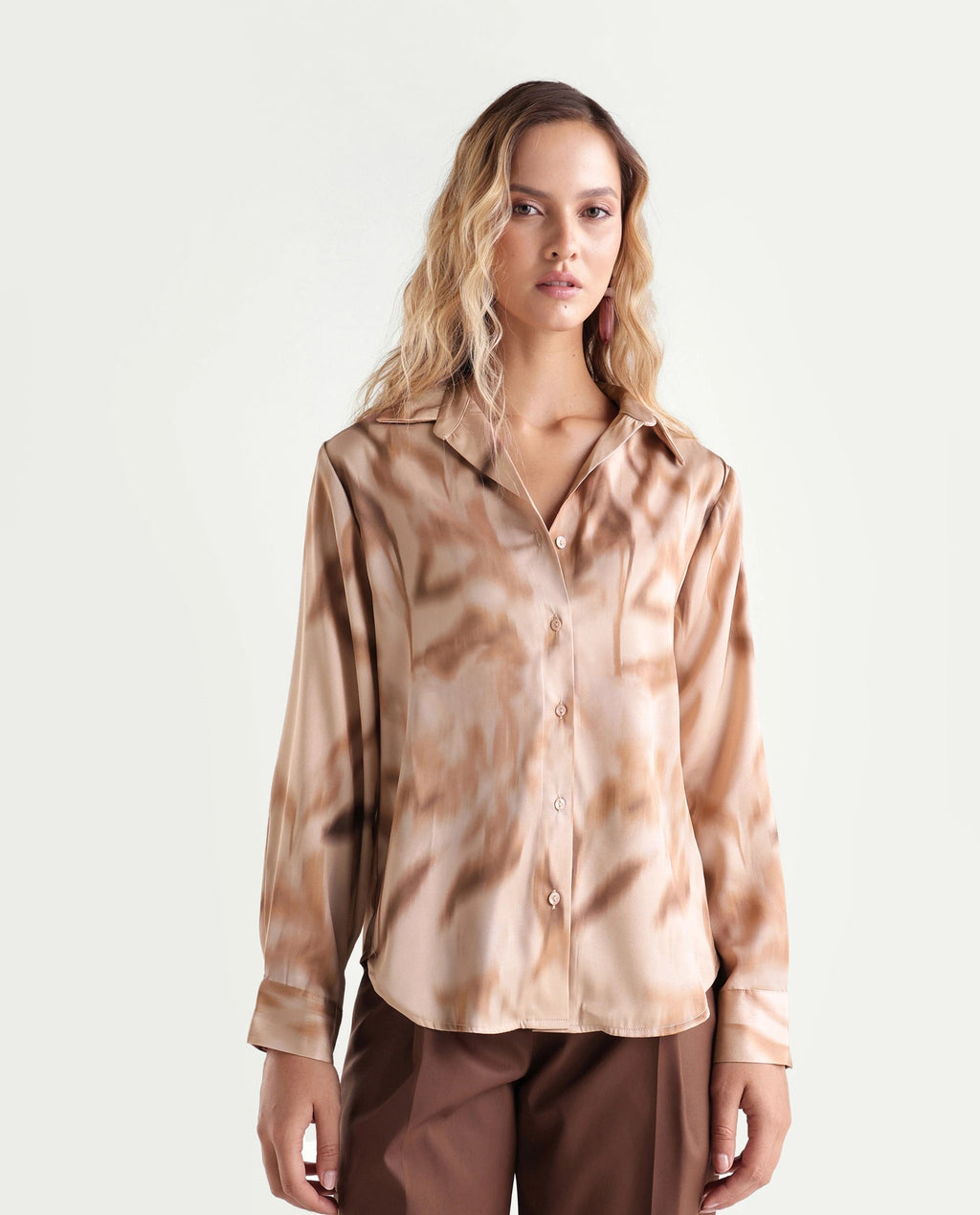 Rareism Women's Satino Dark Beige Abstract Polyester Regular Long Sleeves Shirt
