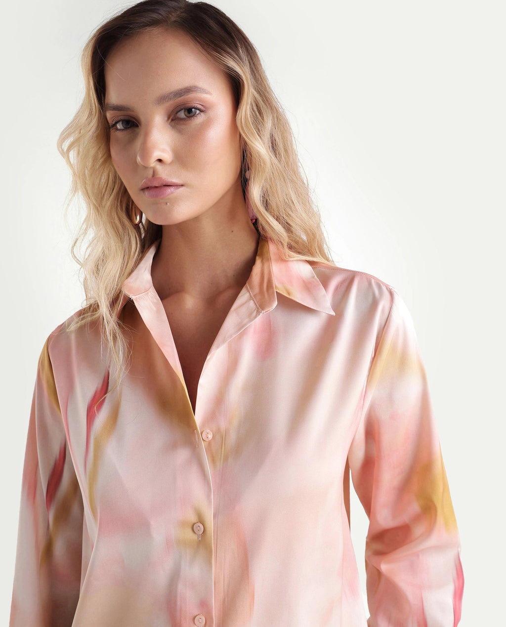 Rareism Women's Satino Pastel Pink Abstract Polyester Regular Long Sleeves Shirt