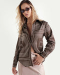 Rareism Women's Satino Brown Abstract Polyester Regular Long Sleeves Shirt