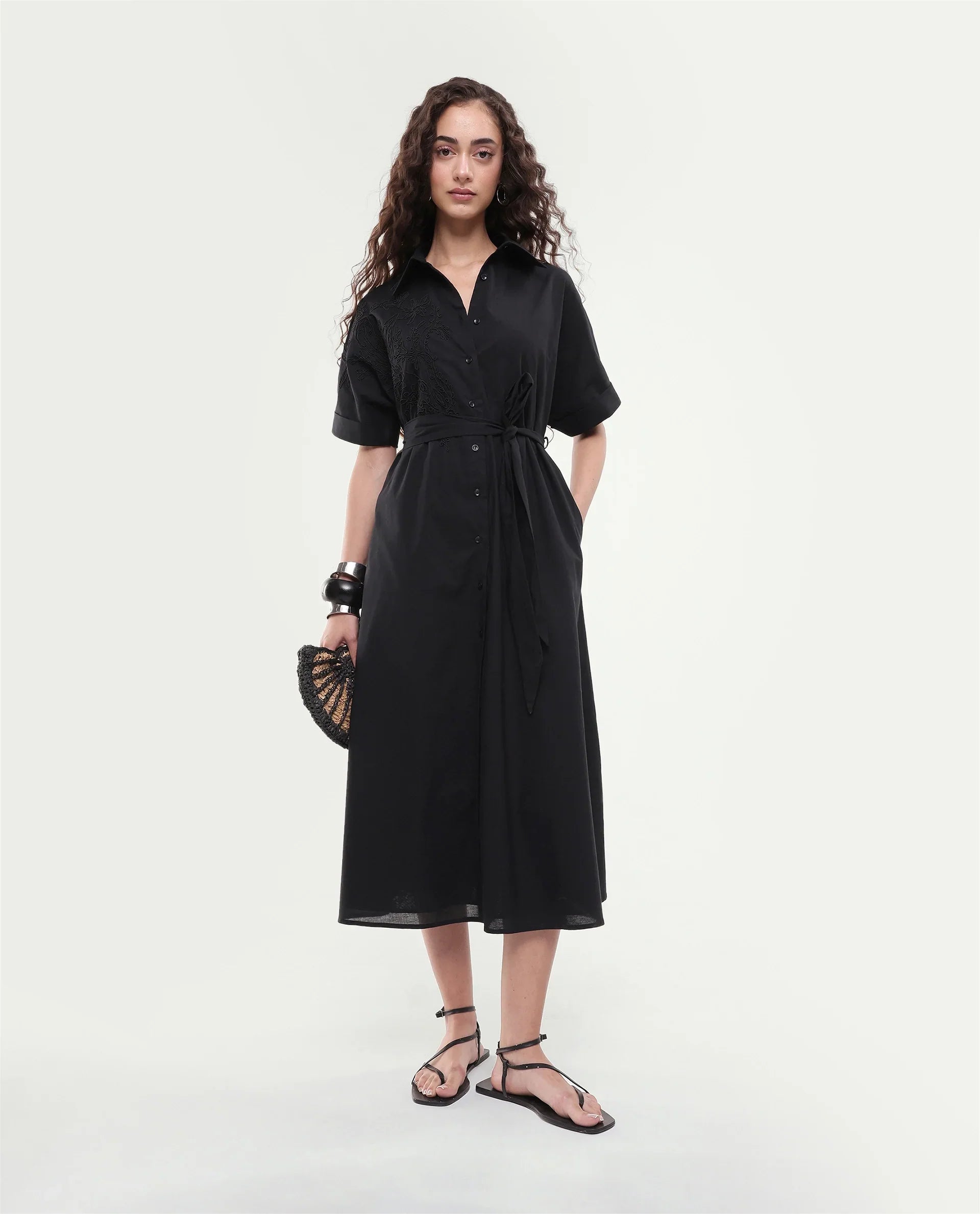 Rareism Women's Tormin Black Cotton Spread Collar Button Regular Embroidered Dress