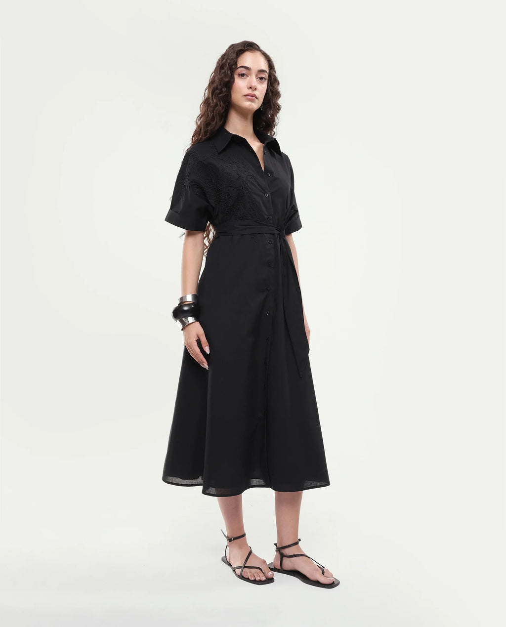 Rareism Women's Tormin Black Cotton Spread Collar Button Regular Embroidered Dress