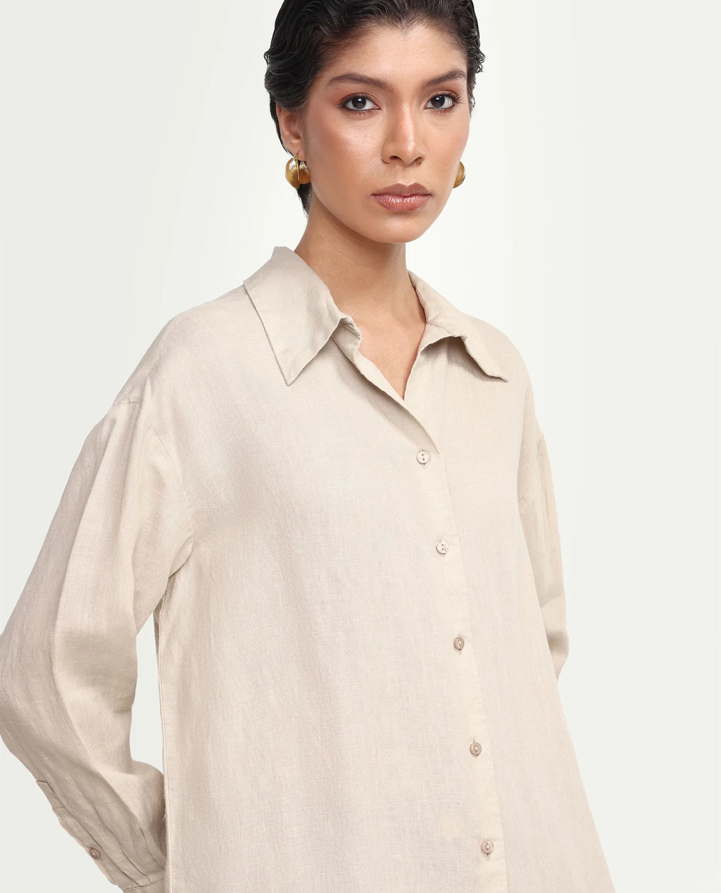 Rareism Women's Uganda Beige Linen Fabric Spread Collar Regular Plain Shirt