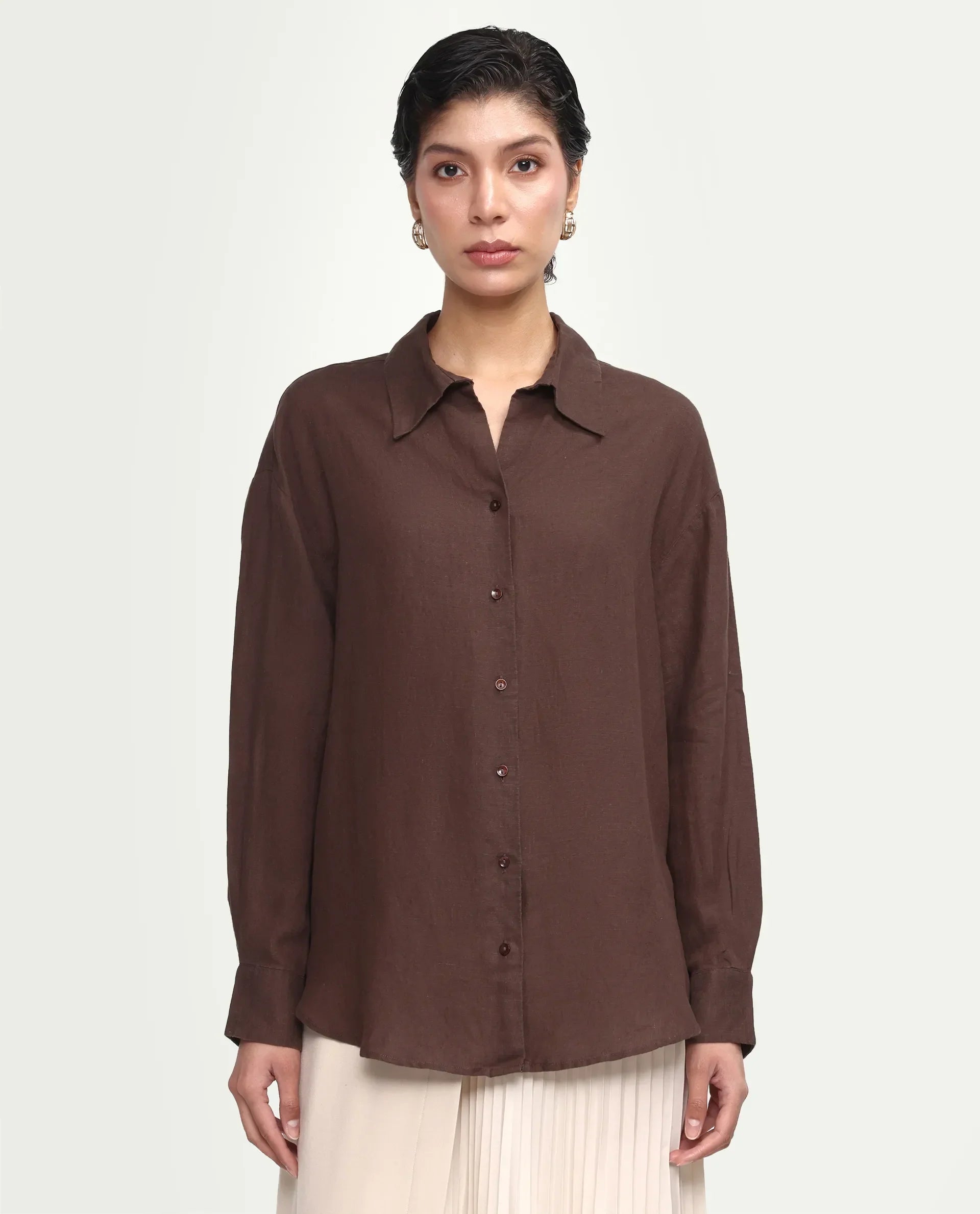 Rareism Women's Uganda Brown Linen Fabric Spread Collar Regular Plain Shirt