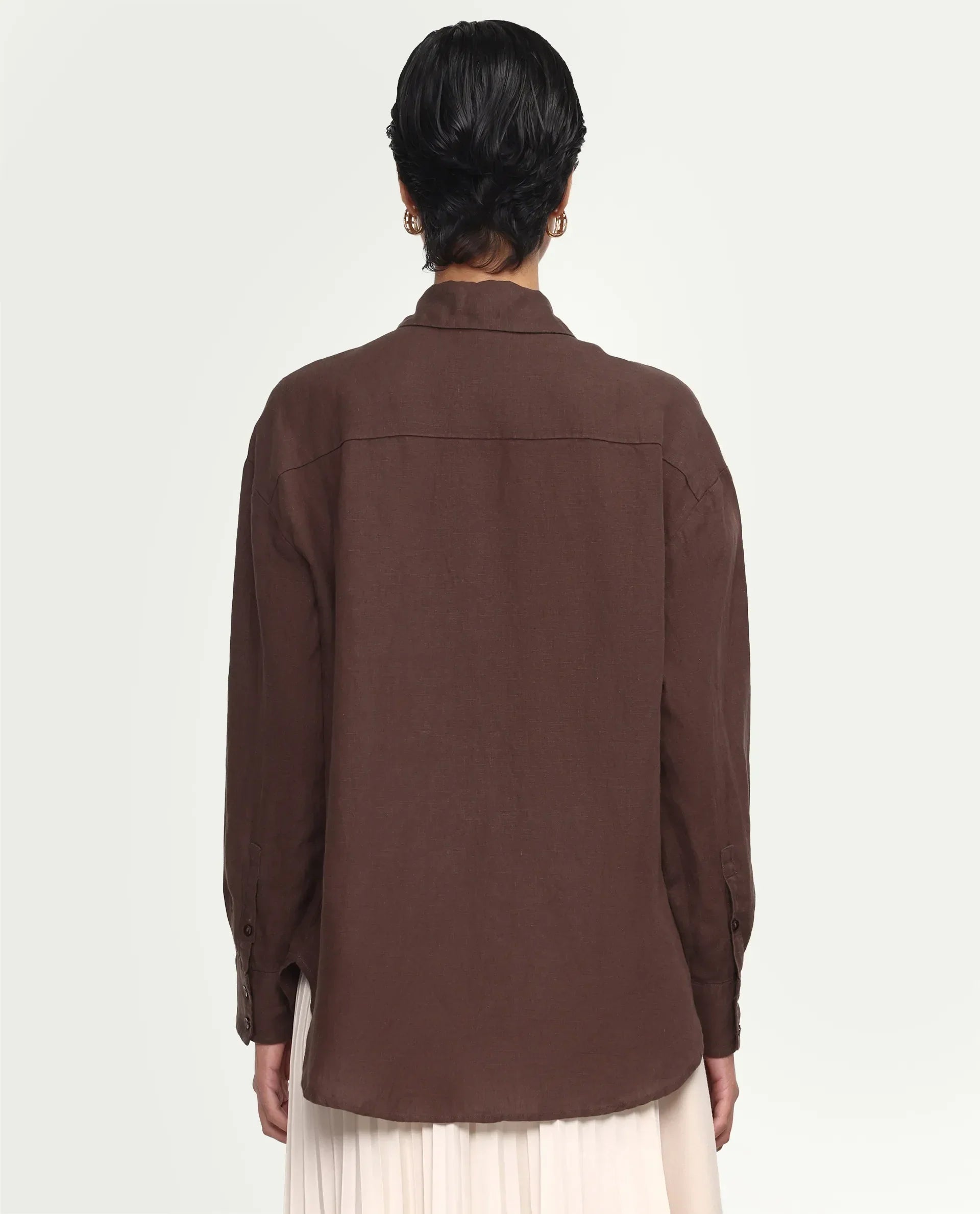 Rareism Women's Uganda Brown Linen Fabric Spread Collar Regular Plain Shirt