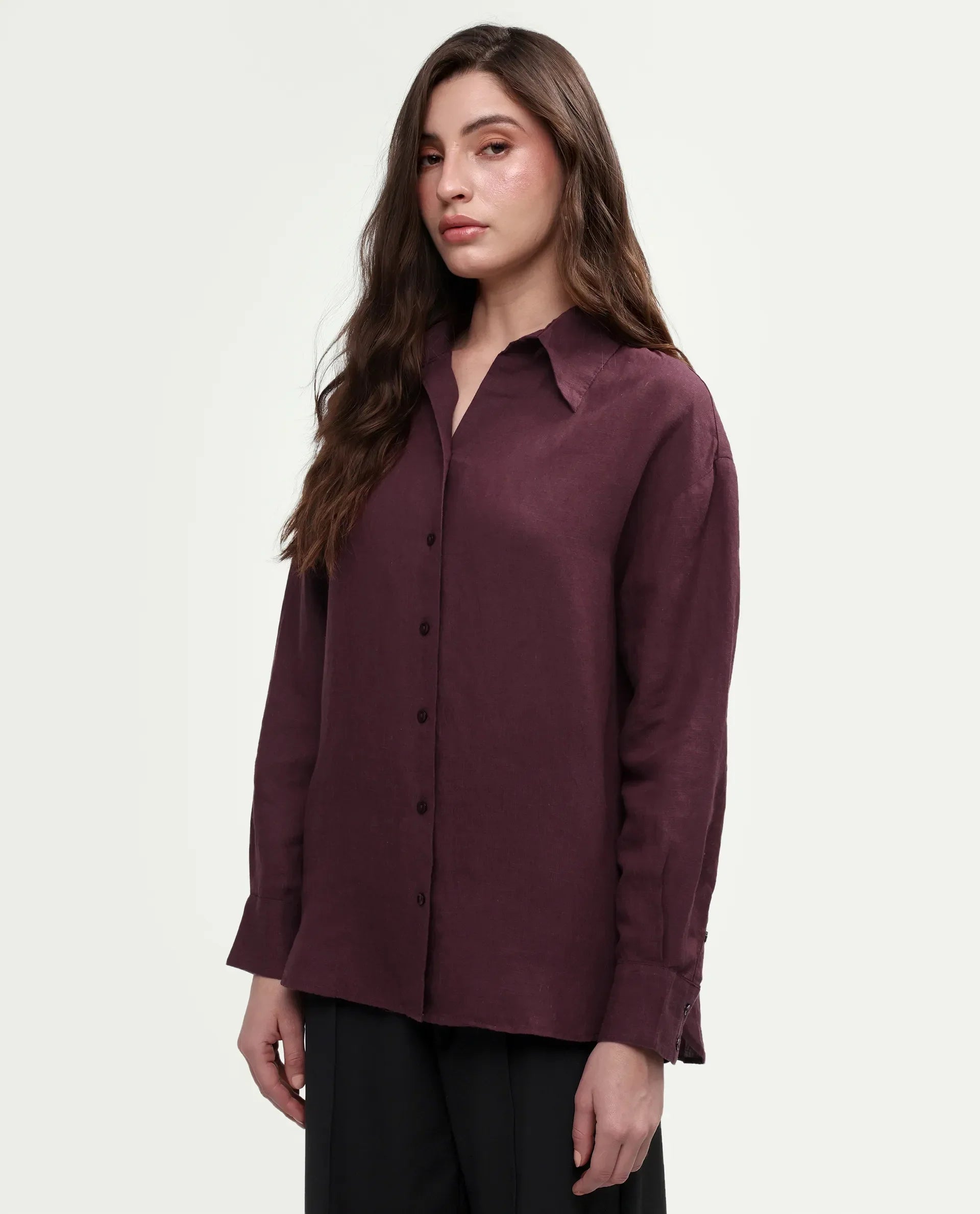 Rareism Women's Uganda Maroon Linen Spread Collar Regular Plain Shirt