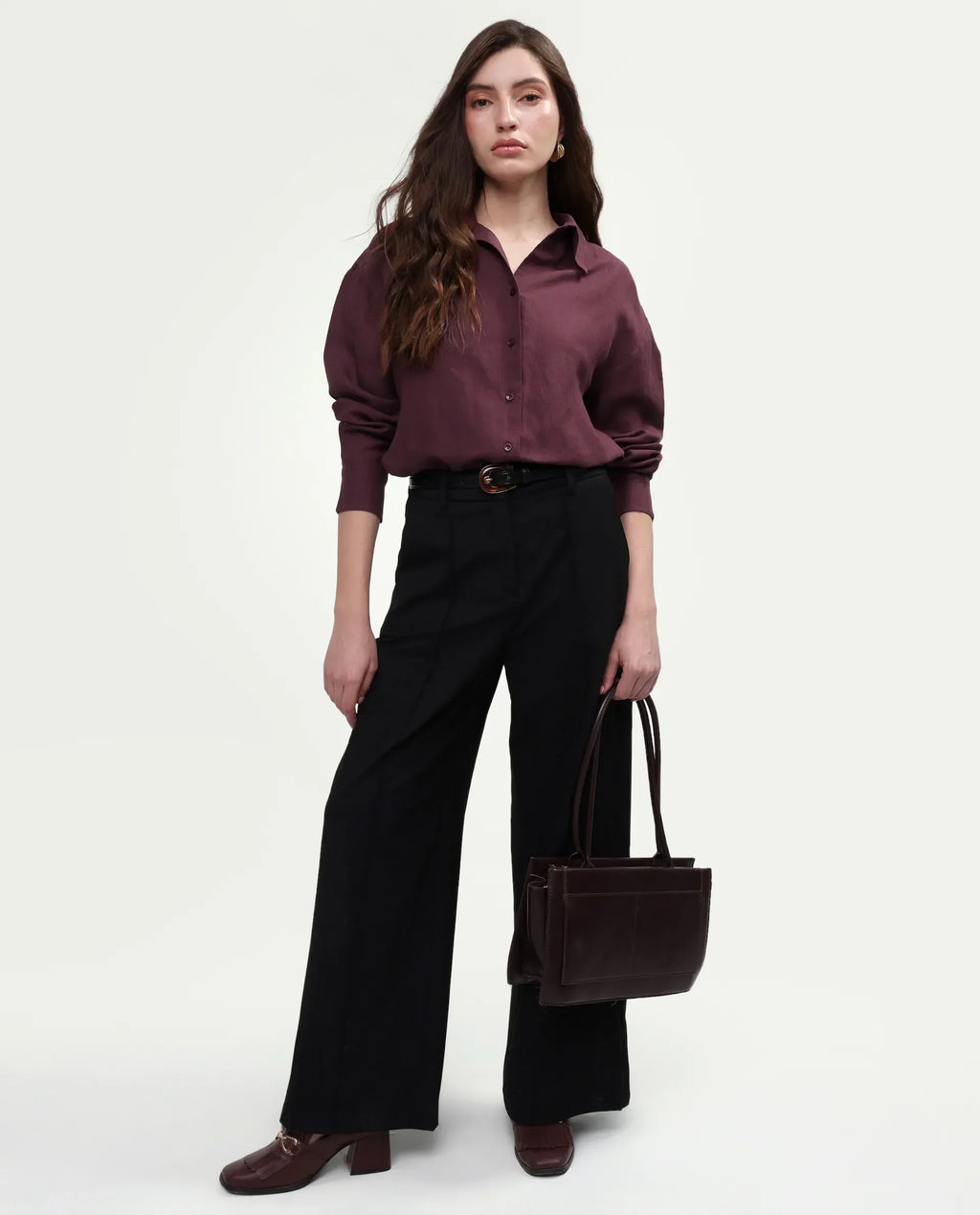 Rareism Women's Uganda Maroon Linen Spread Collar Regular Plain Shirt