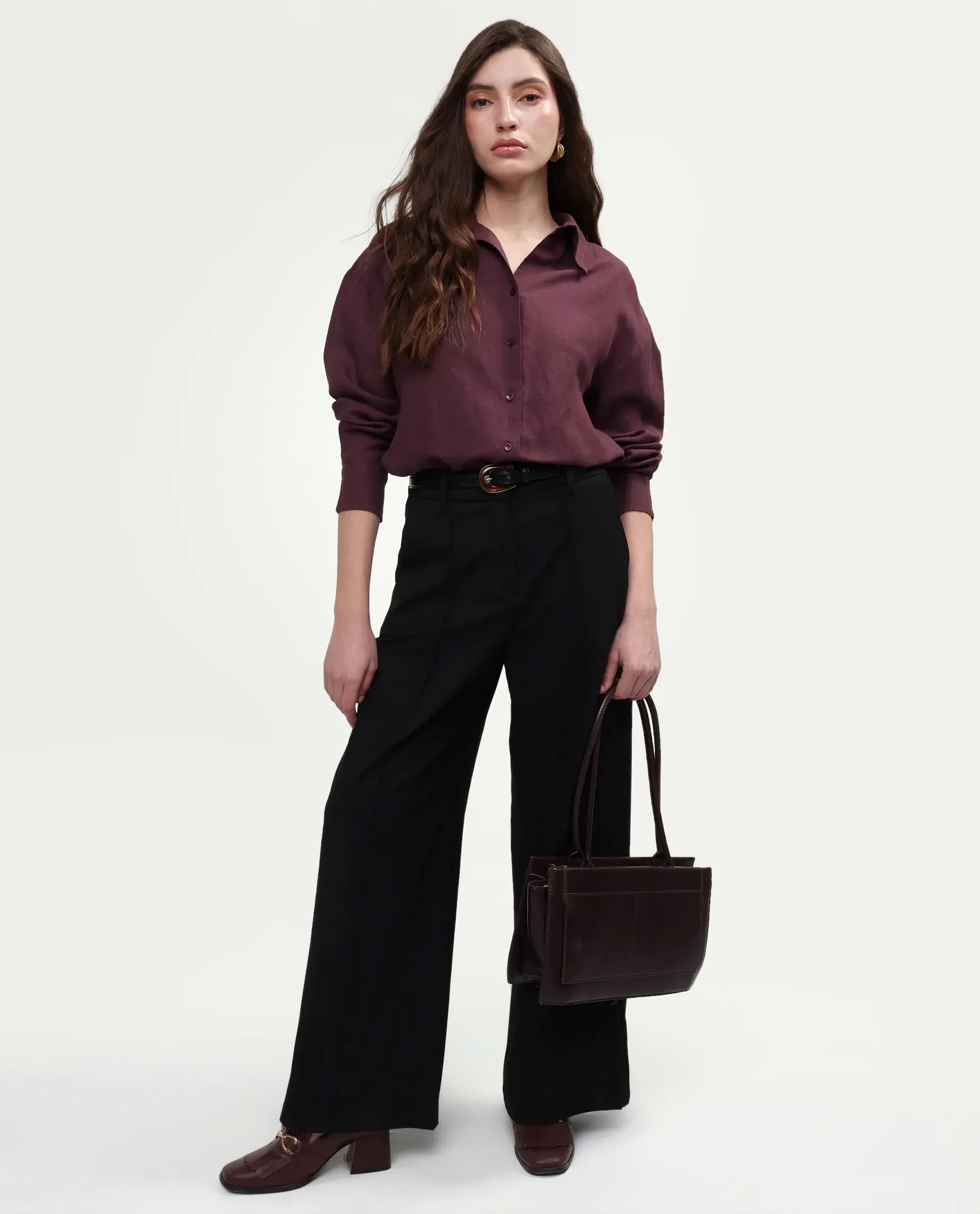 Rareism Women's Uganda Maroon Linen Spread Collar Regular Plain Shirt