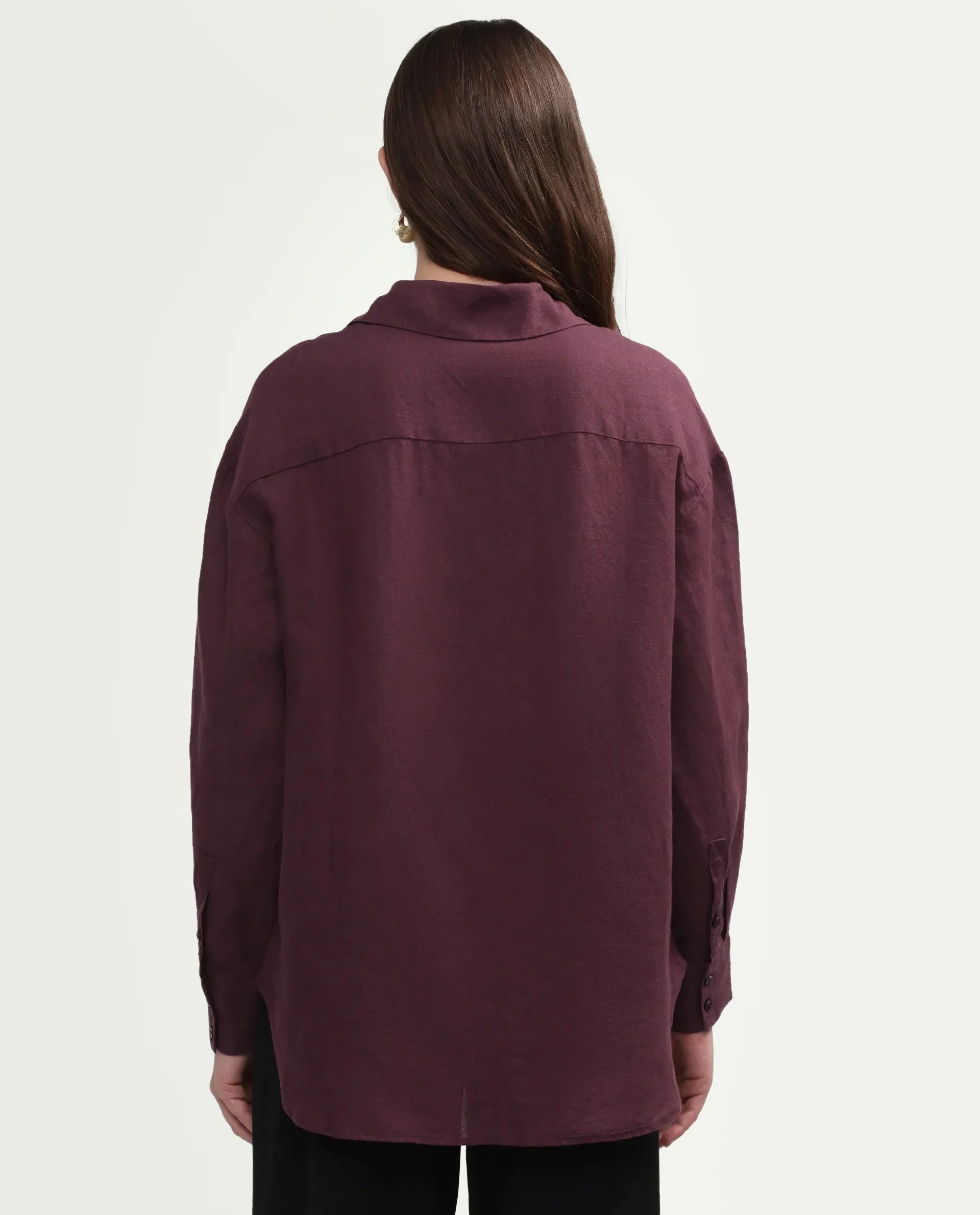 Rareism Women's Uganda Maroon Linen Spread Collar Regular Plain Shirt