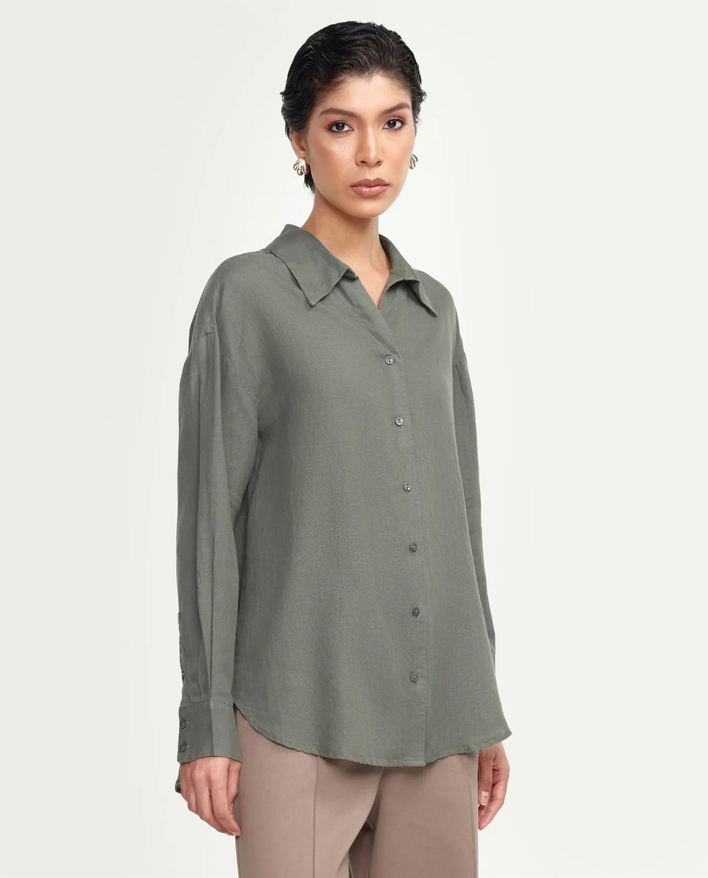 Rareism Women's Uganda Dusky Green Linen Fabric Spread Collar Regular Plain Shirt