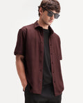 Rare Rabbit Men's Leno Brown Cotton Blend Fabric Spread Collar Regular Fit Plain Shirt