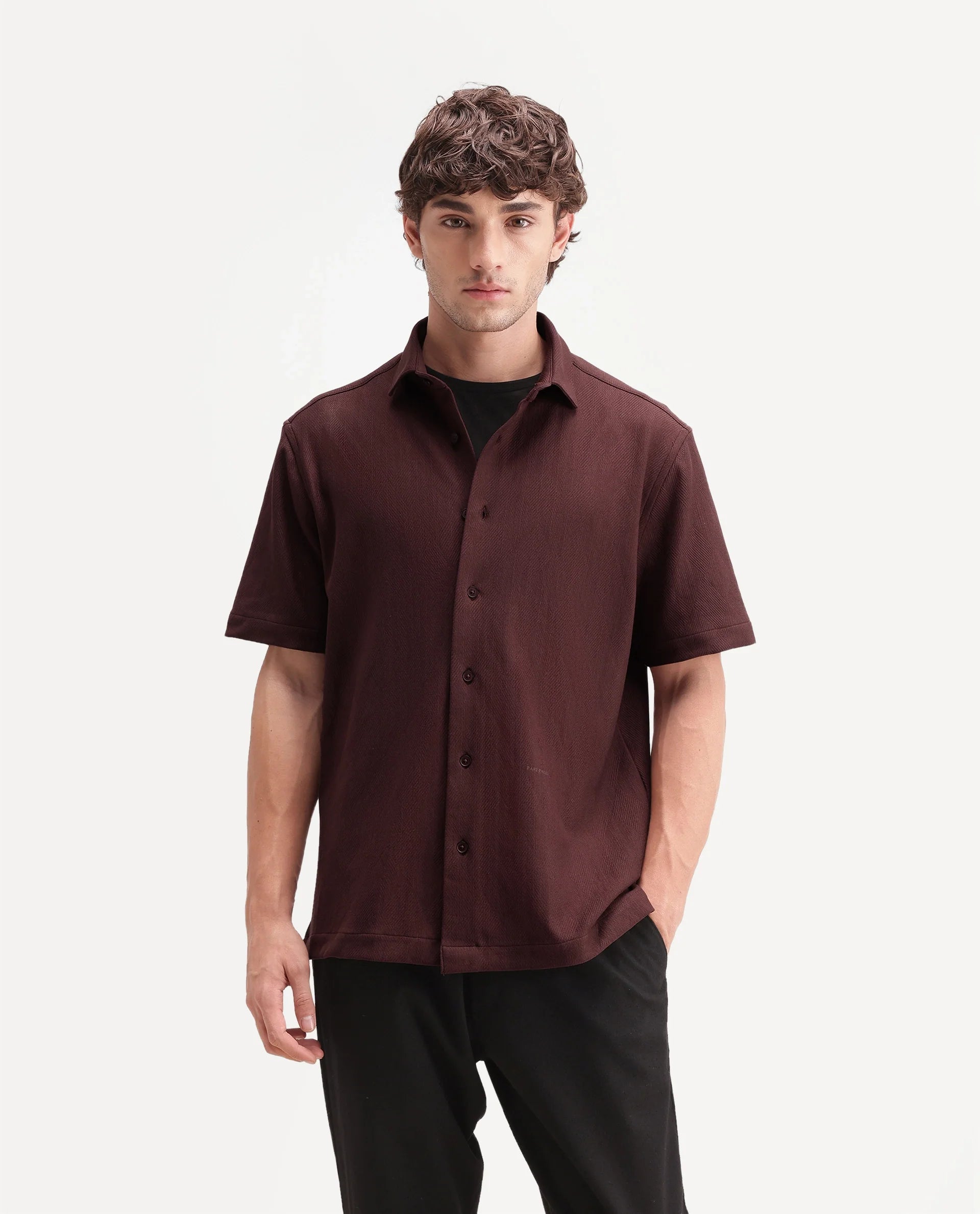 Rare Rabbit Men's Leno Brown Cotton Blend Fabric Spread Collar Regular Fit Plain Shirt