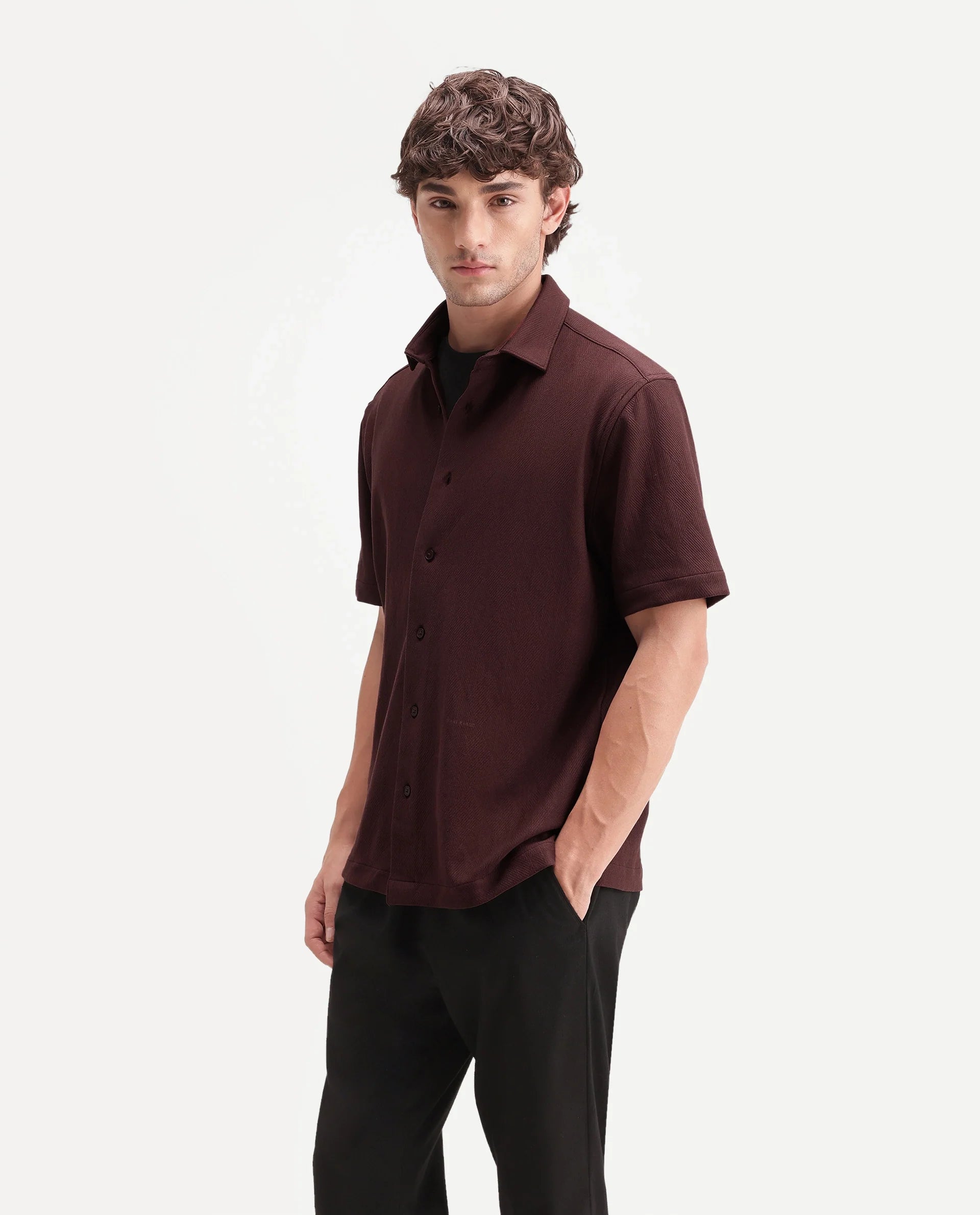 Rare Rabbit Men's Leno Brown Cotton Blend Fabric Spread Collar Regular Fit Plain Shirt