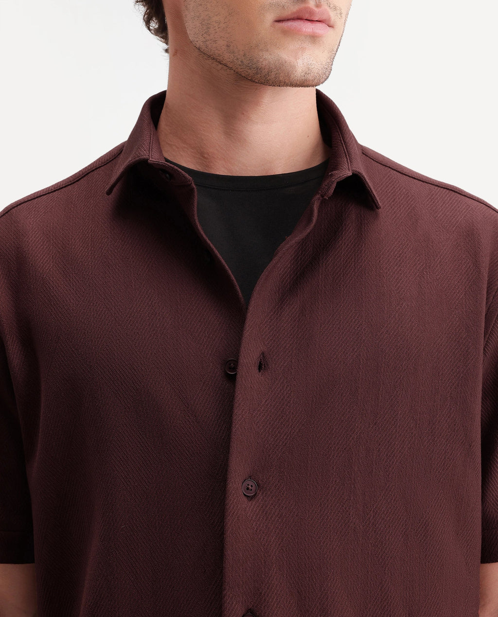 Rare Rabbit Men's Leno Brown Cotton Blend Fabric Spread Collar Regular Fit Plain Shirt