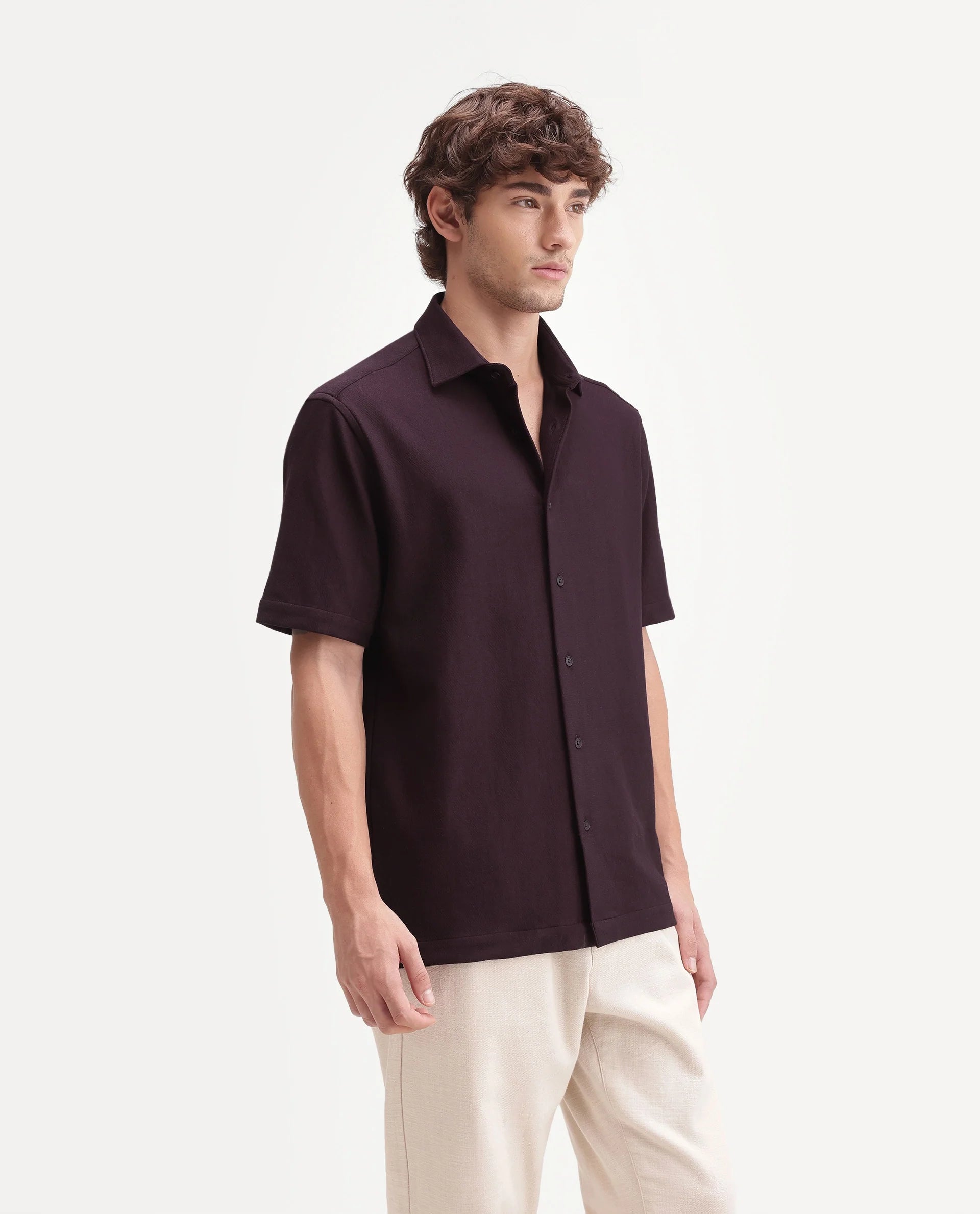 Rare Rabbit Men's Leno Dark Purple Cotton Blend Fabric Spread Collar Regular Fit Plain Shirt