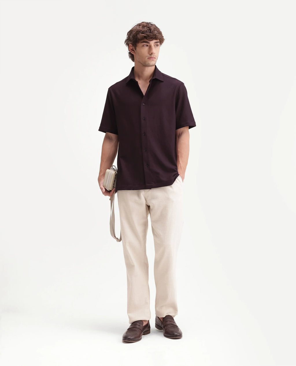 Rare Rabbit Men's Leno Dark Purple Cotton Blend Fabric Spread Collar Regular Fit Plain Shirt