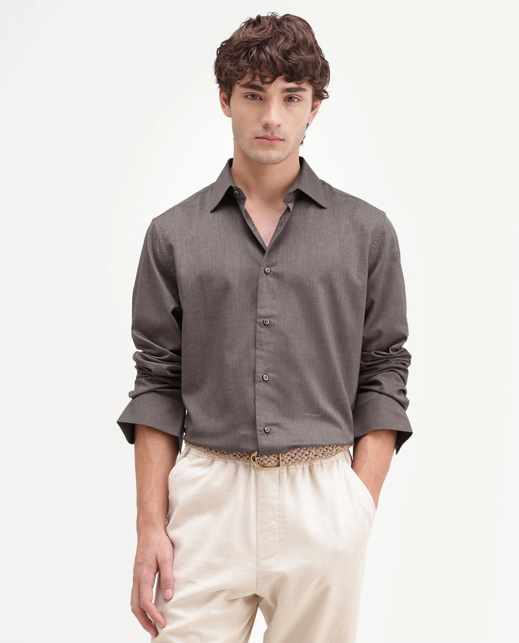 Rare Rabbit Men's Gunjo-Aw26 Brown Polyester Blend Spread Collar Regular Plain Shirt